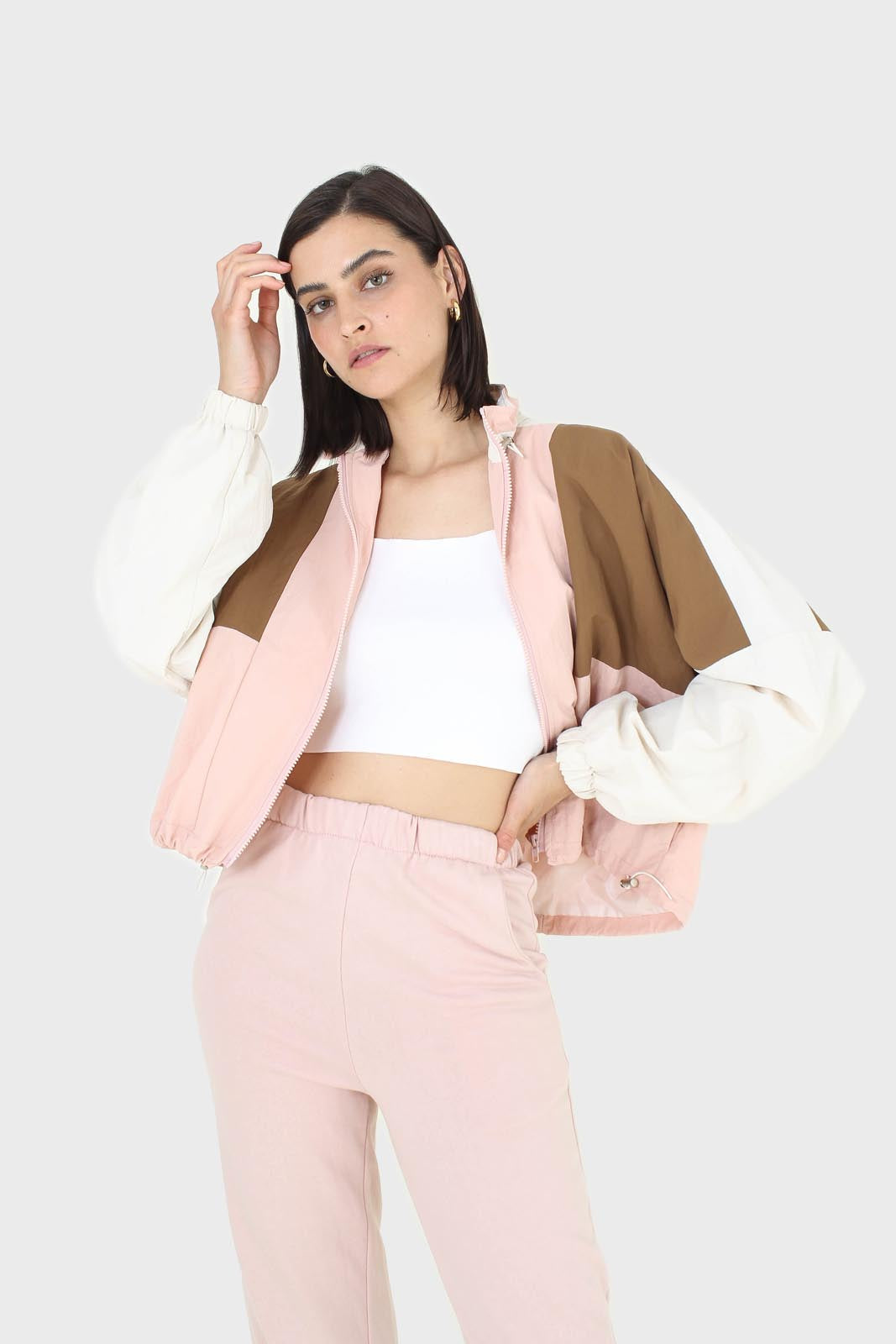 Pink and khaki colorblock nylon windbreaker_6