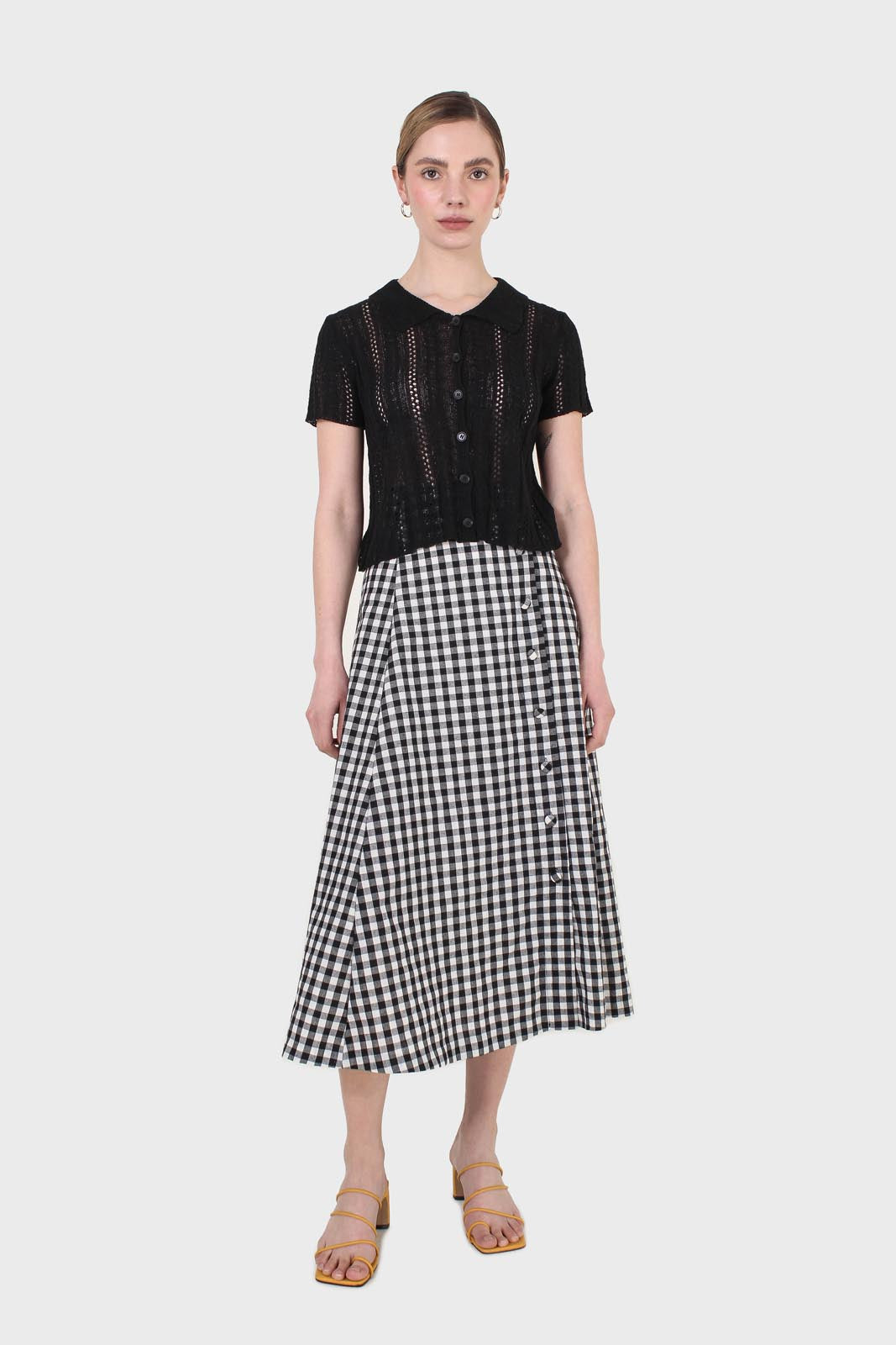 Black gingham side button midi skirt_2
