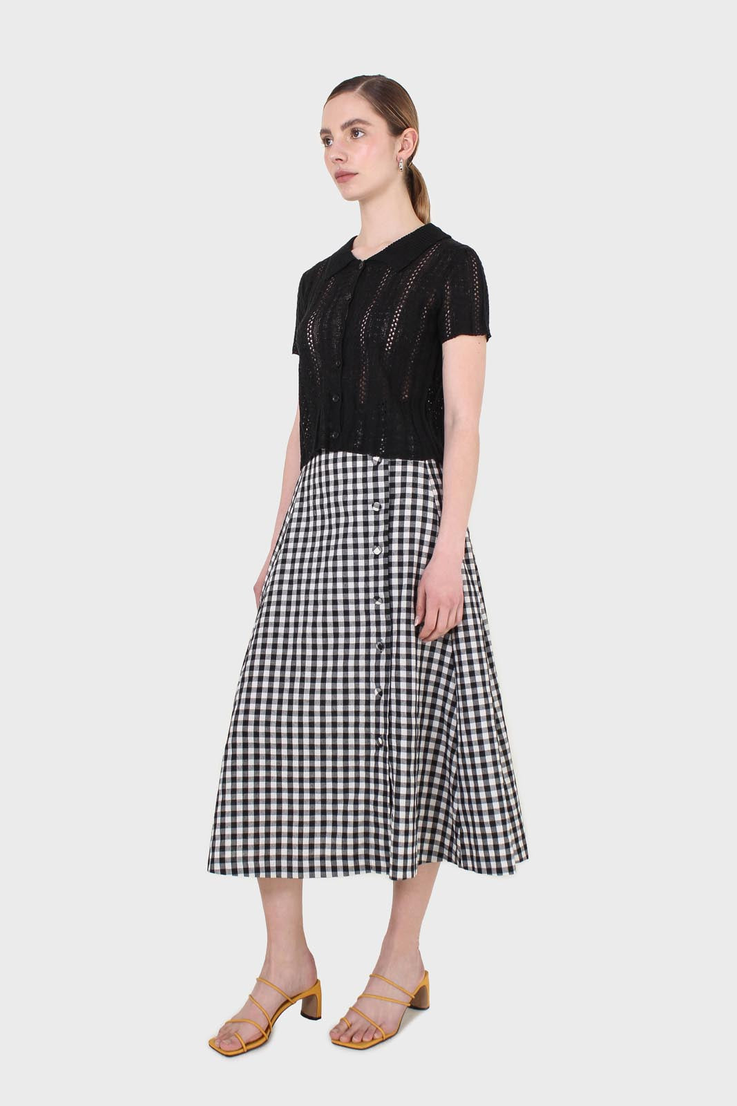Black gingham side button midi skirt_5