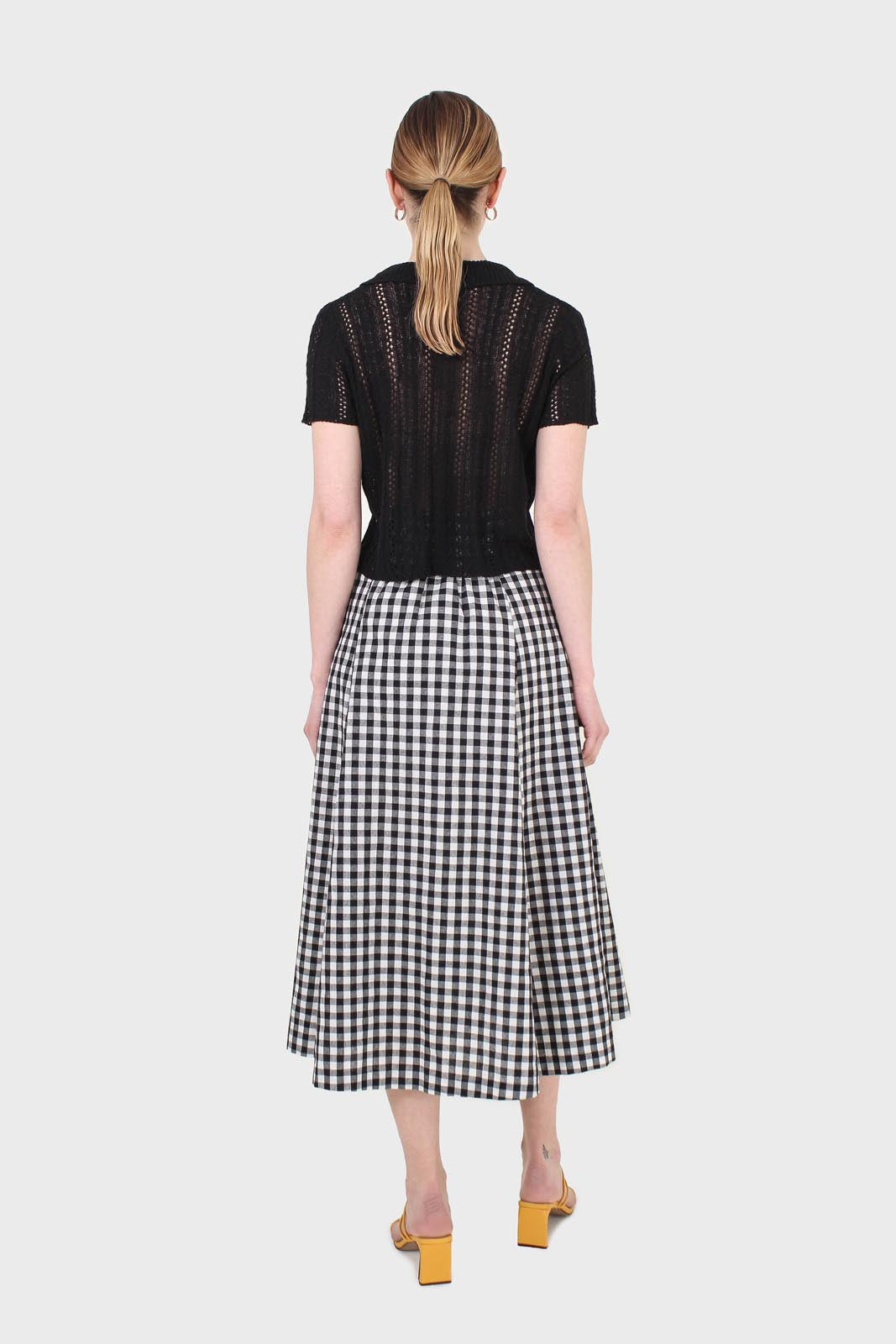 Black gingham side button midi skirt_6