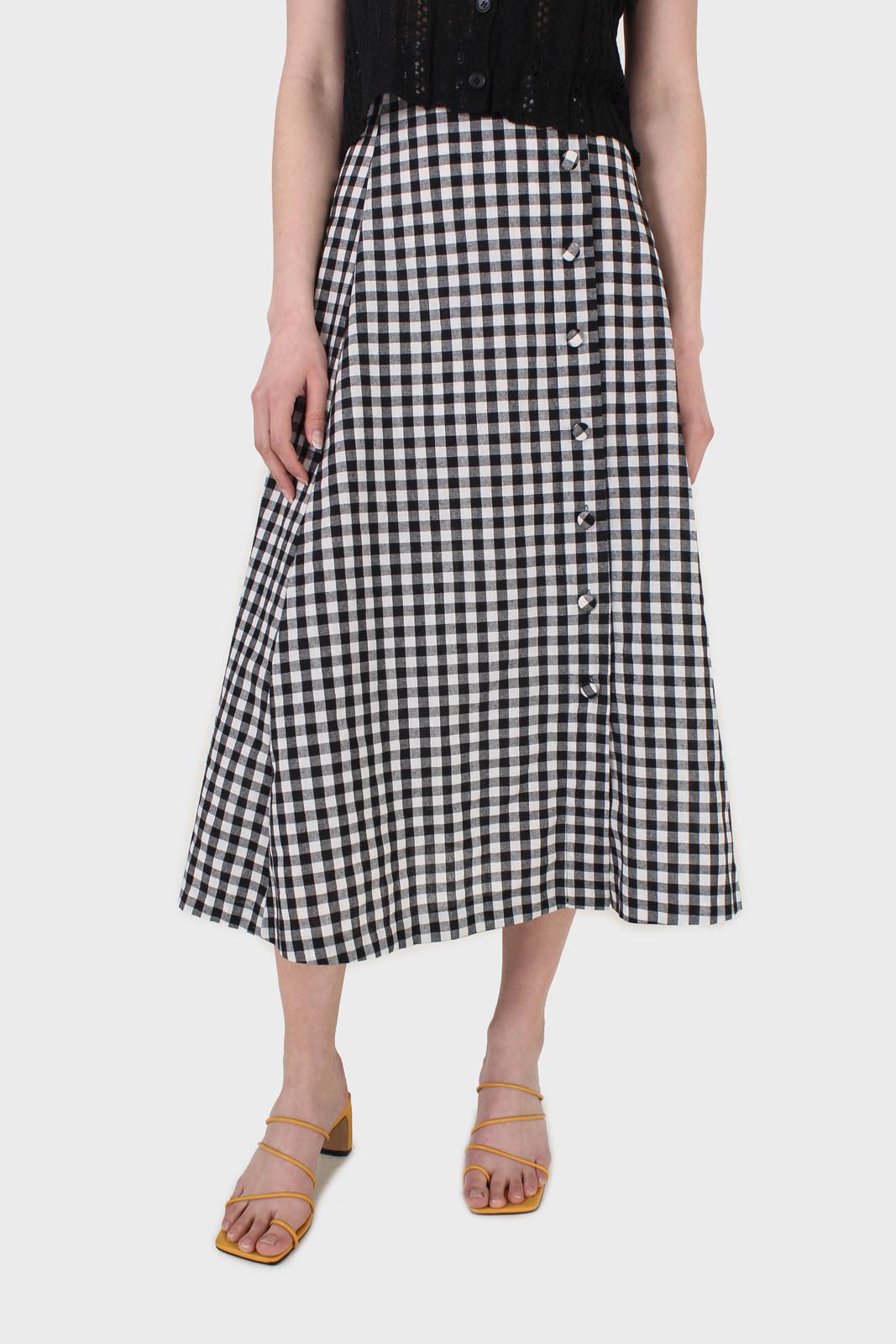 Black gingham side button midi skirt_1