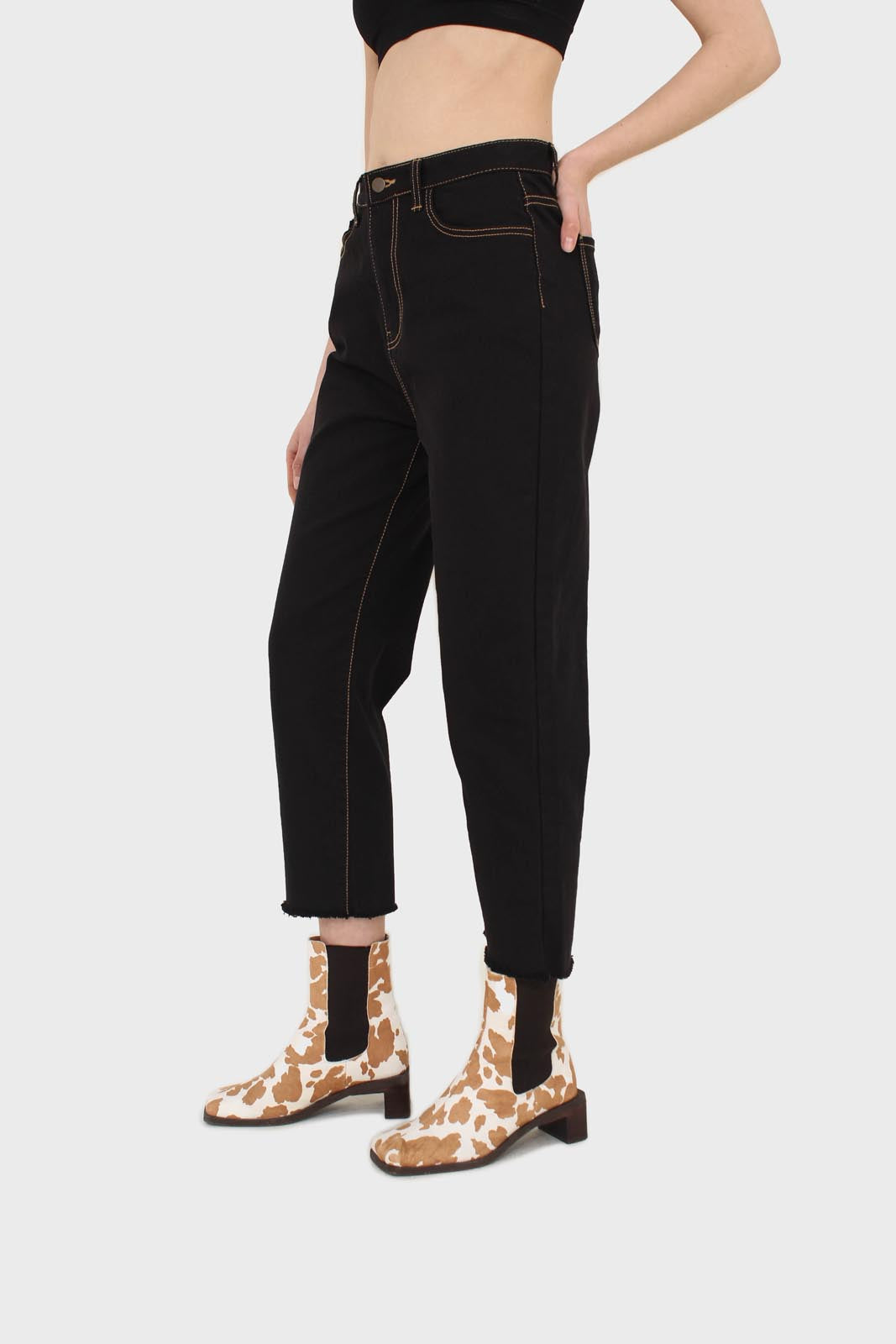 Black and beige contrast stitch jeans - 957_2