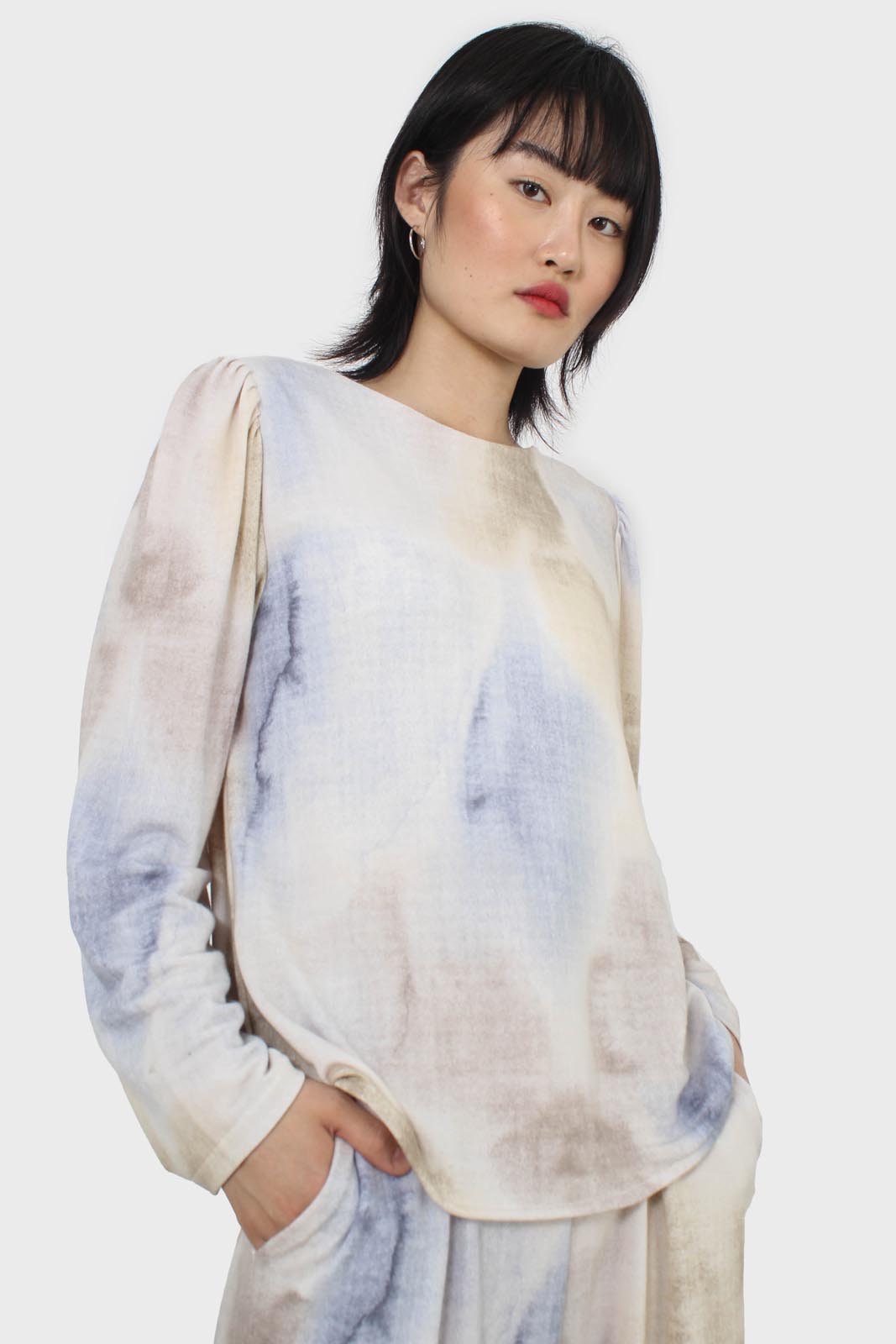 Beige and blue tie dye long sleeved top_1