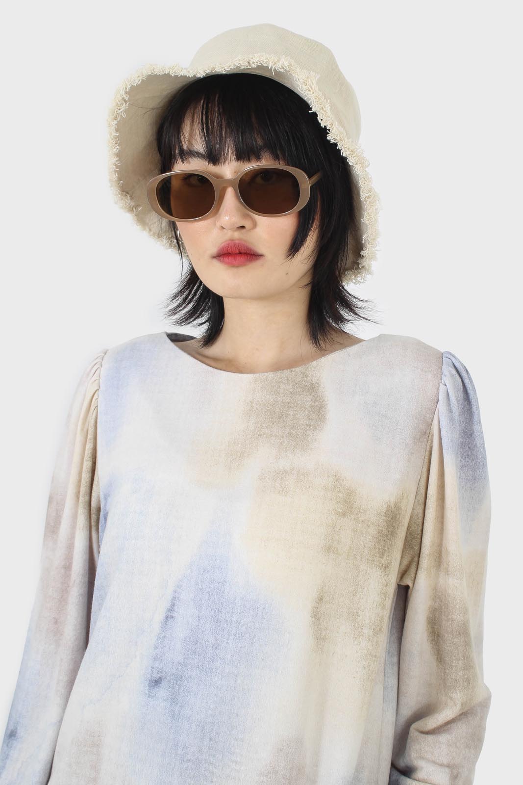 Beige and blue tie dye long sleeved top_10