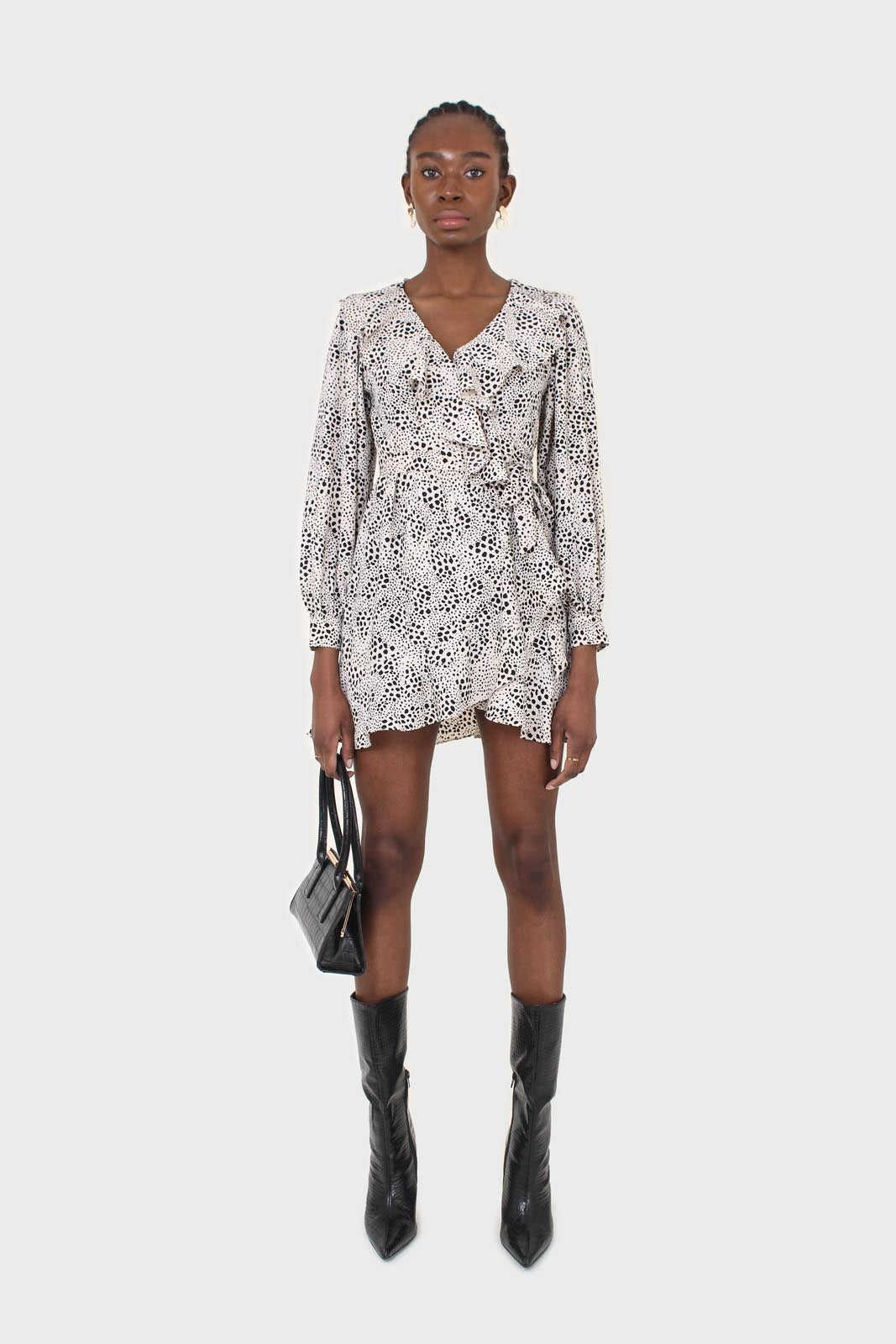 Ivory and black printed ruffle trim dress_2