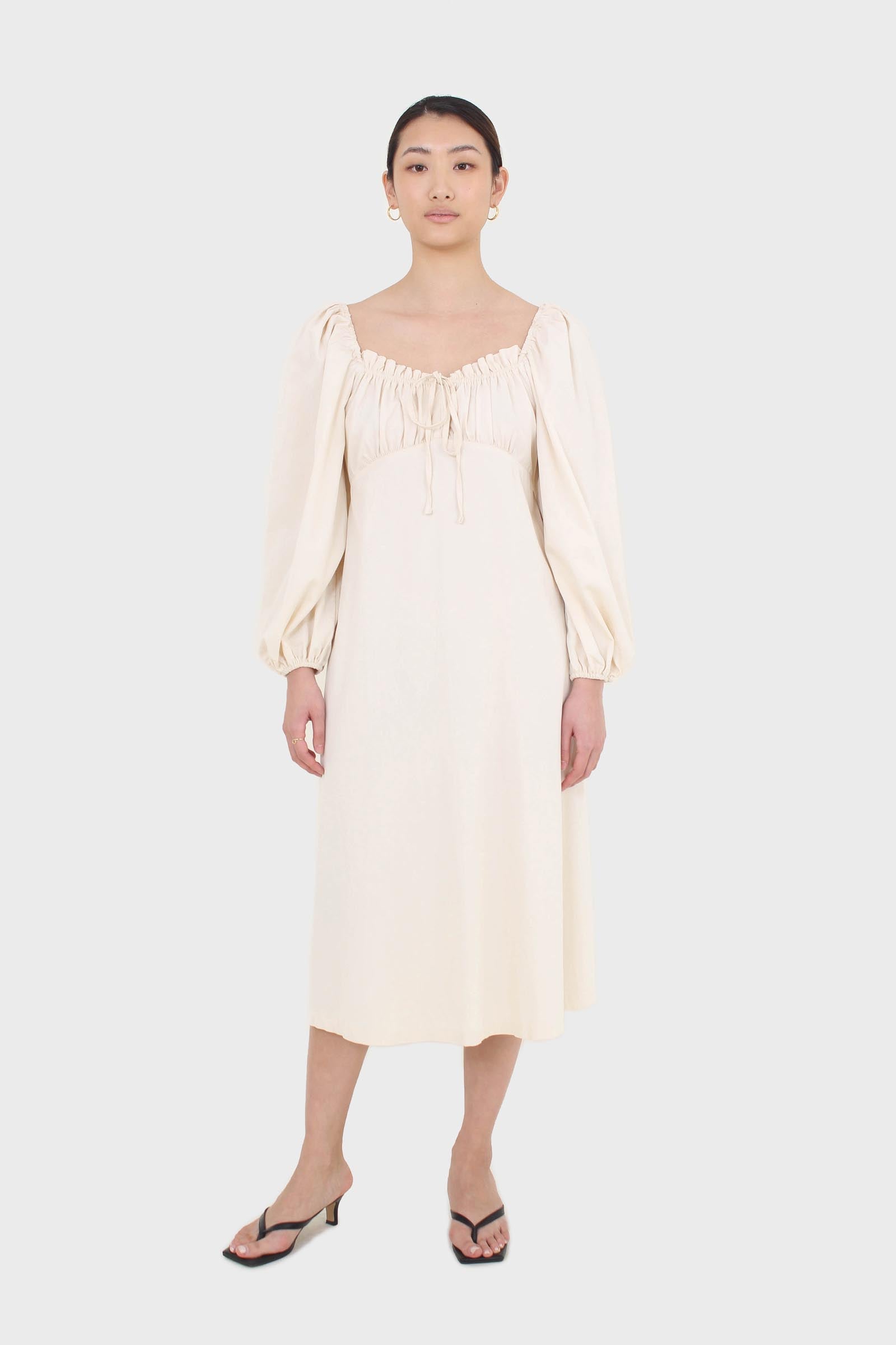 Ivory off shoulder cinched waist peasant dress_2