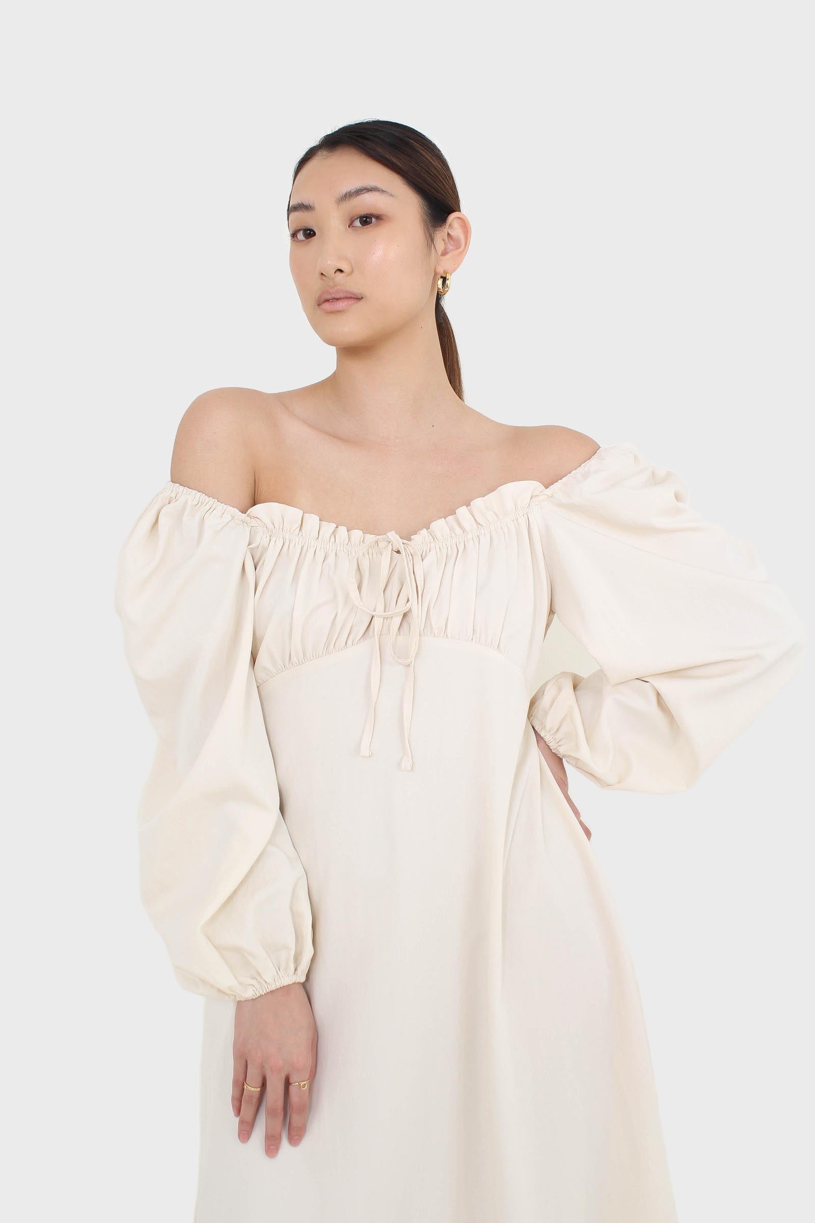 Ivory off shoulder cinched waist peasant dress_3
