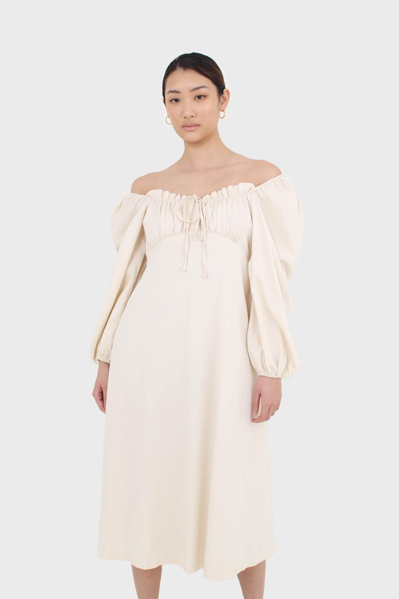 Ivory off shoulder cinched waist peasant dress_1