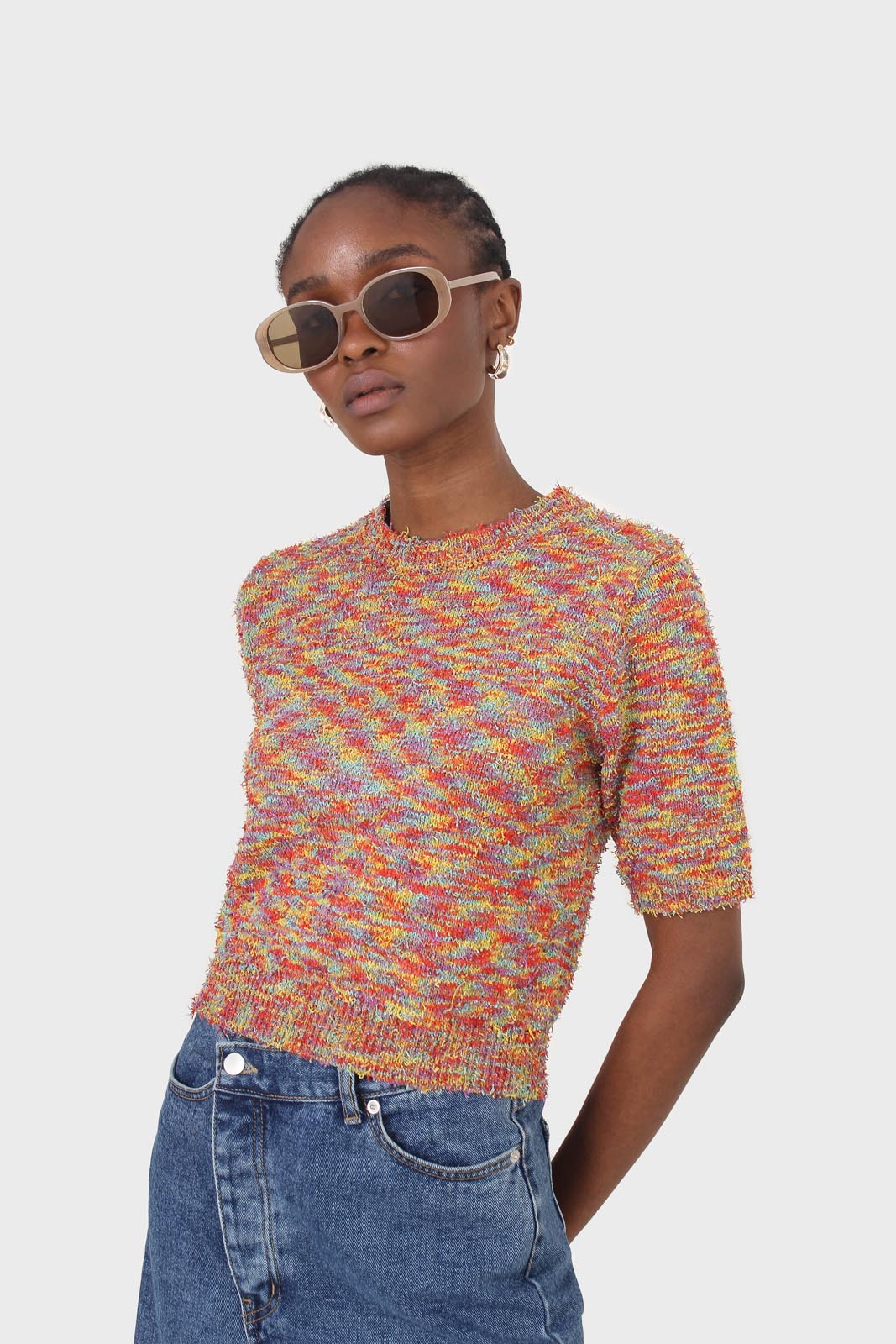 Red rainbow intarsia knit tee_2