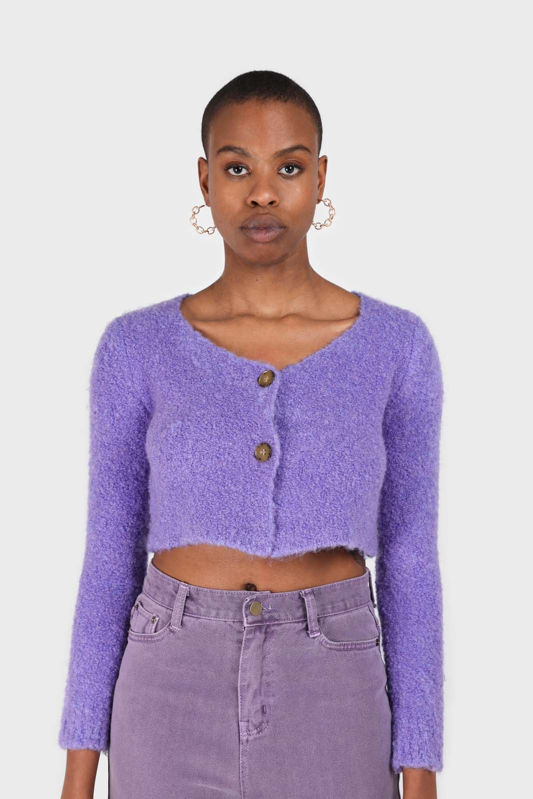 Purple fuzzy double button cardigan_11