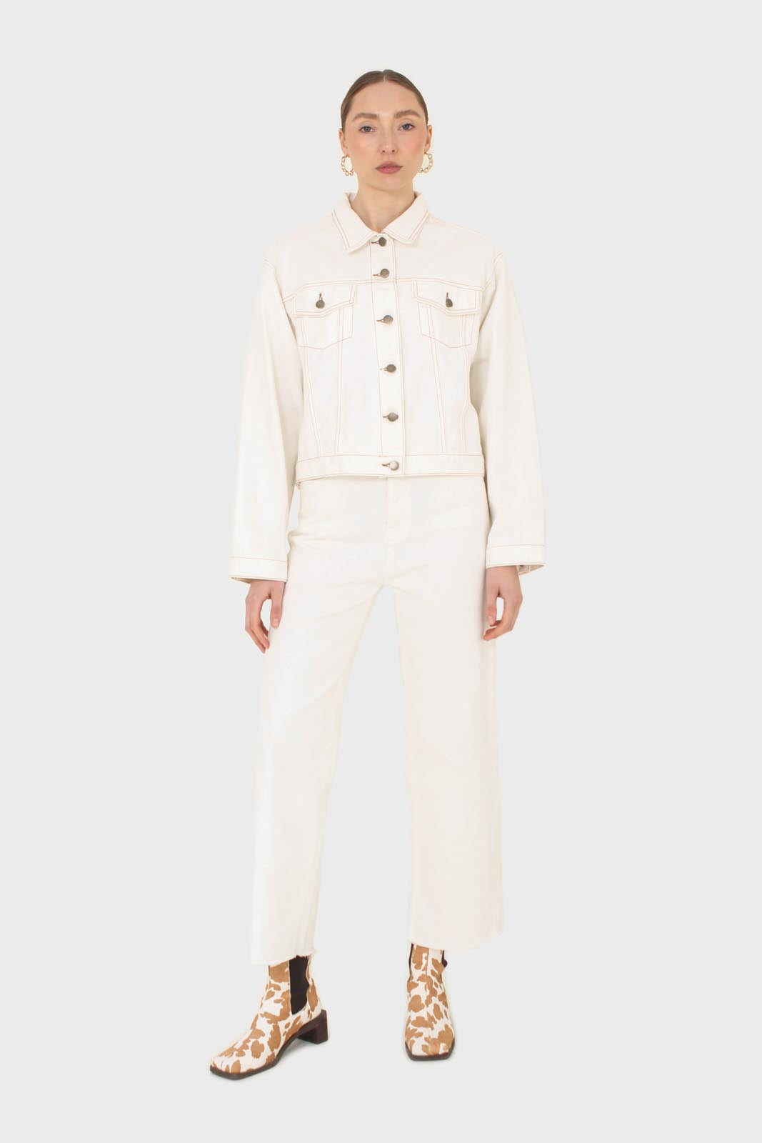 Ivory and yellow contrast stitch denim jacket - 701_14