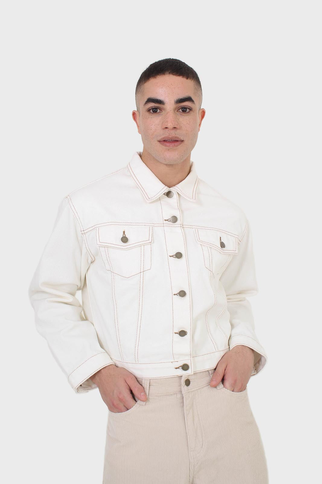 Ivory and yellow contrast stitch denim jacket - 701_1