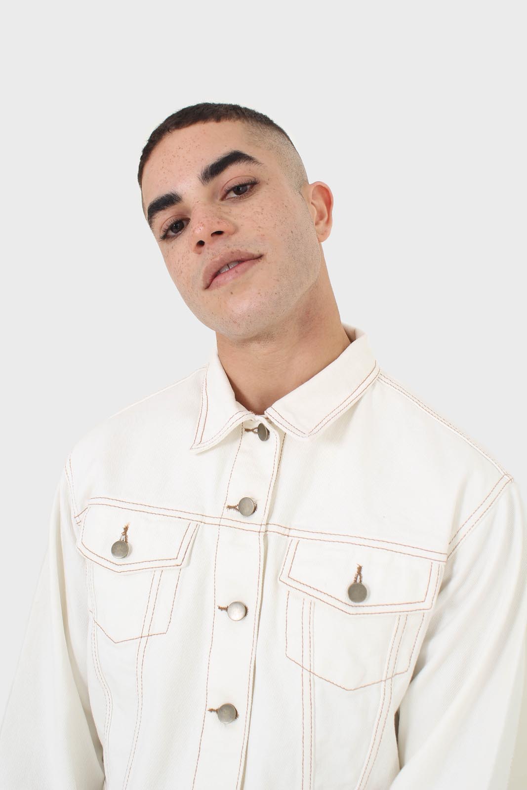 Ivory and yellow contrast stitch denim jacket - 701_6