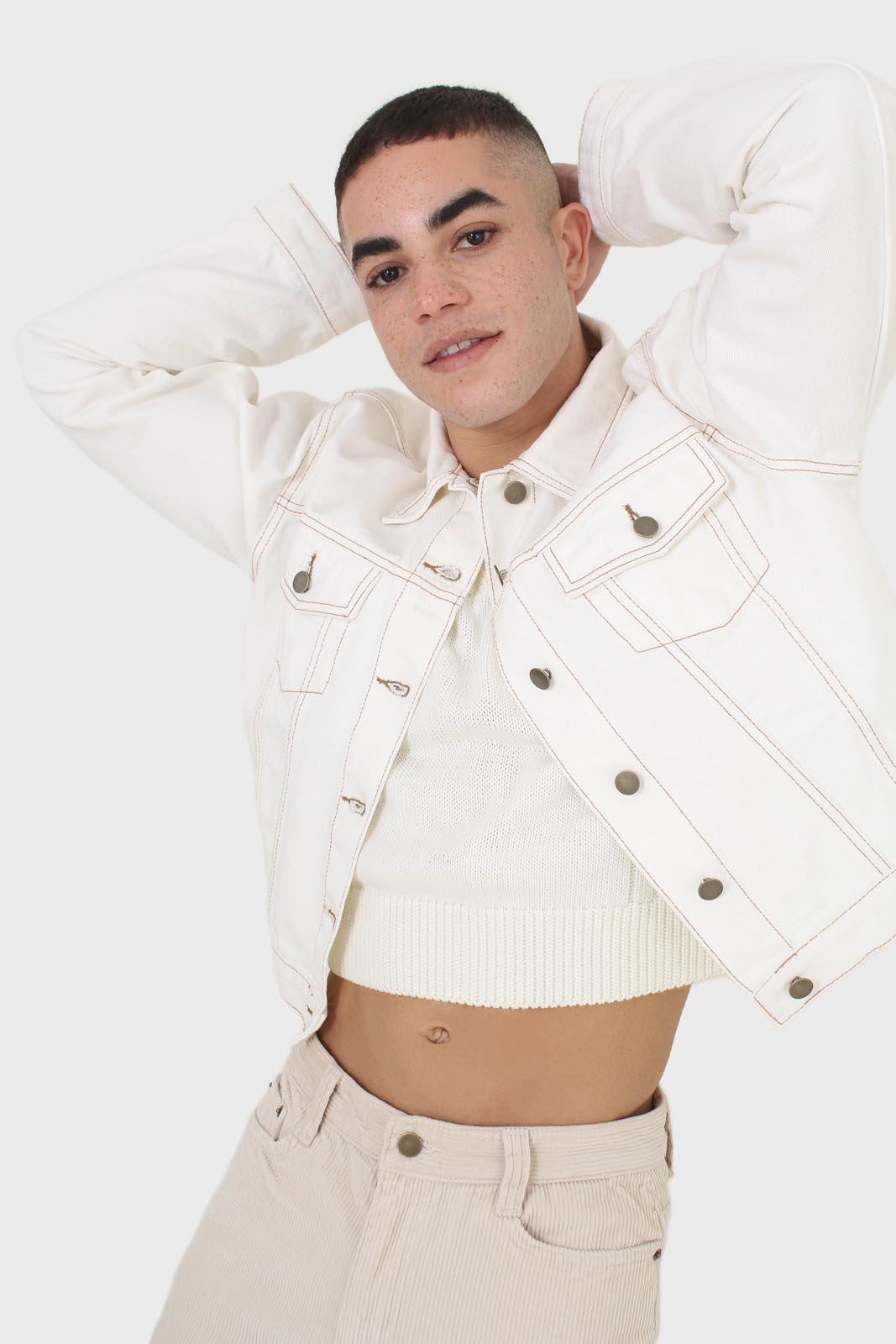 Ivory and yellow contrast stitch denim jacket - 701_7