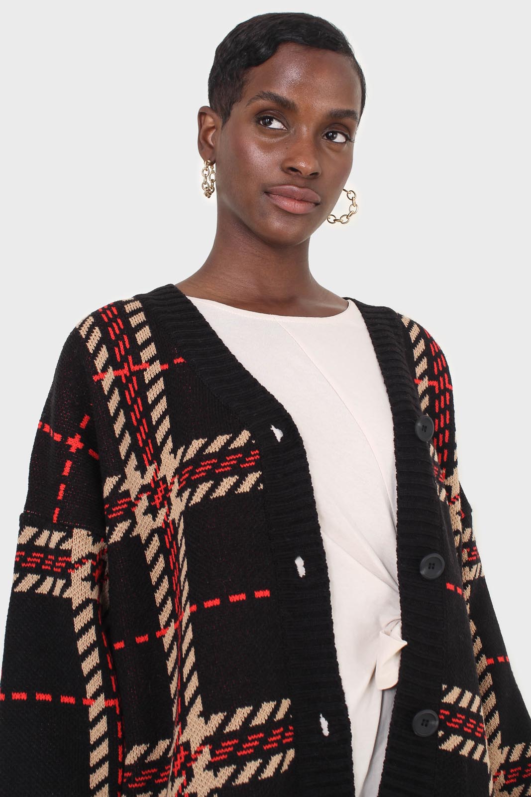 Black and beige bold checked cardigan_10