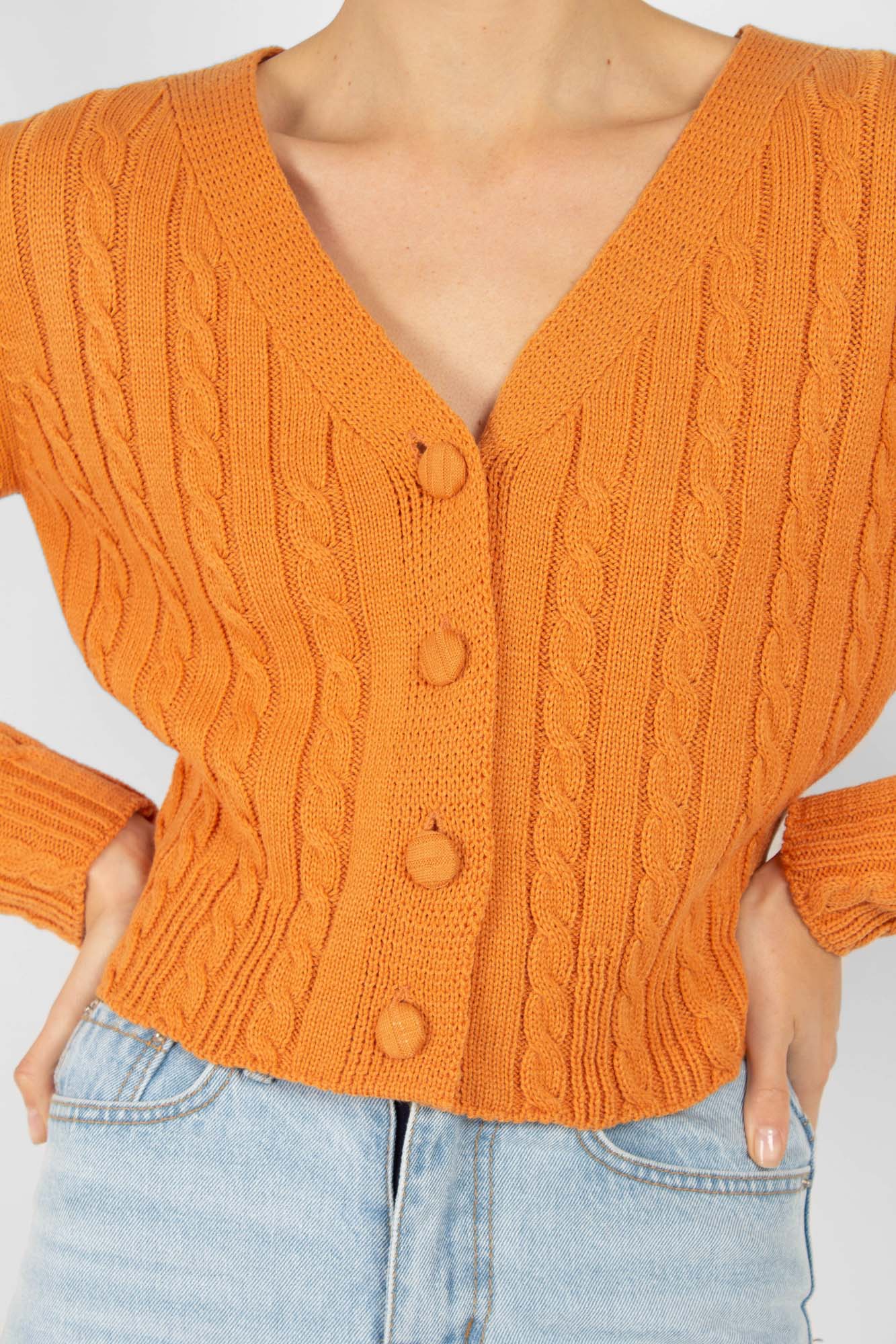 Orange fitted cableknit cardigan_3