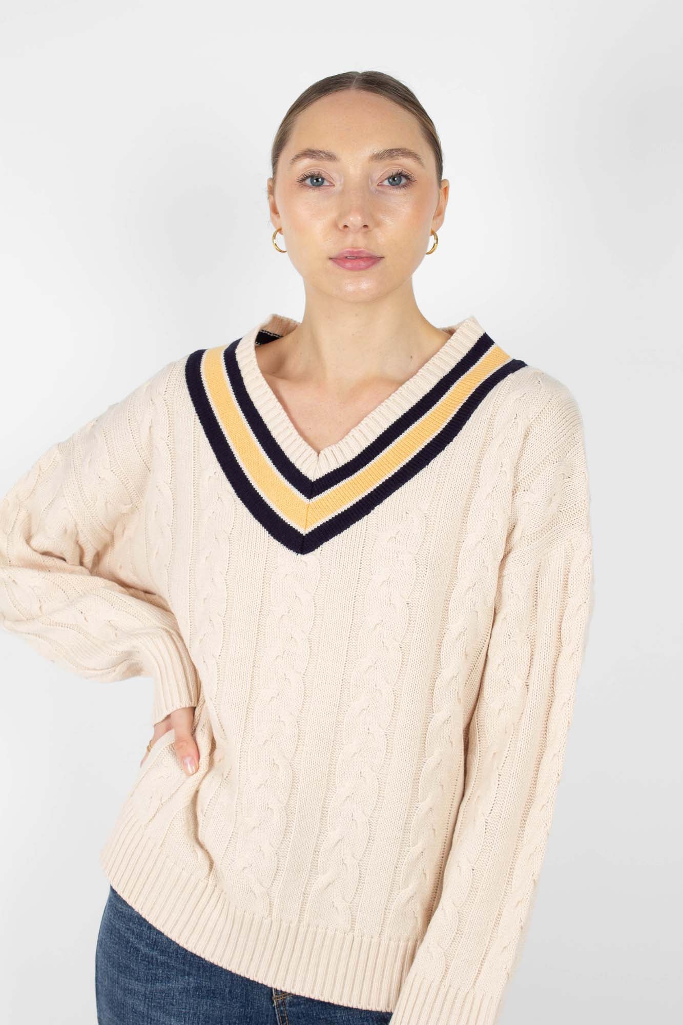 Cream and yellow V-neck cableknit jumper_1