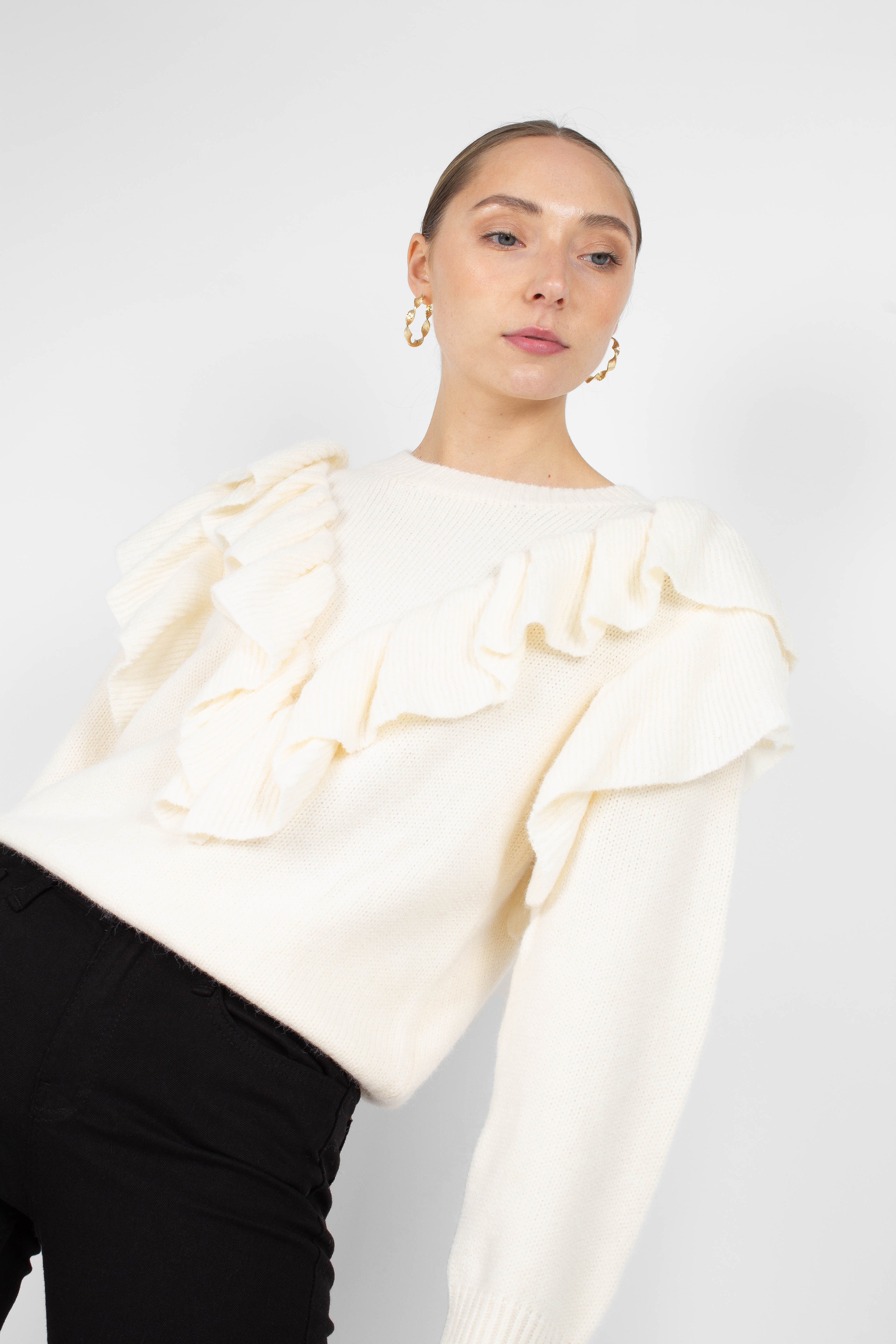 Ivory deep V ruffle trim jumper_1