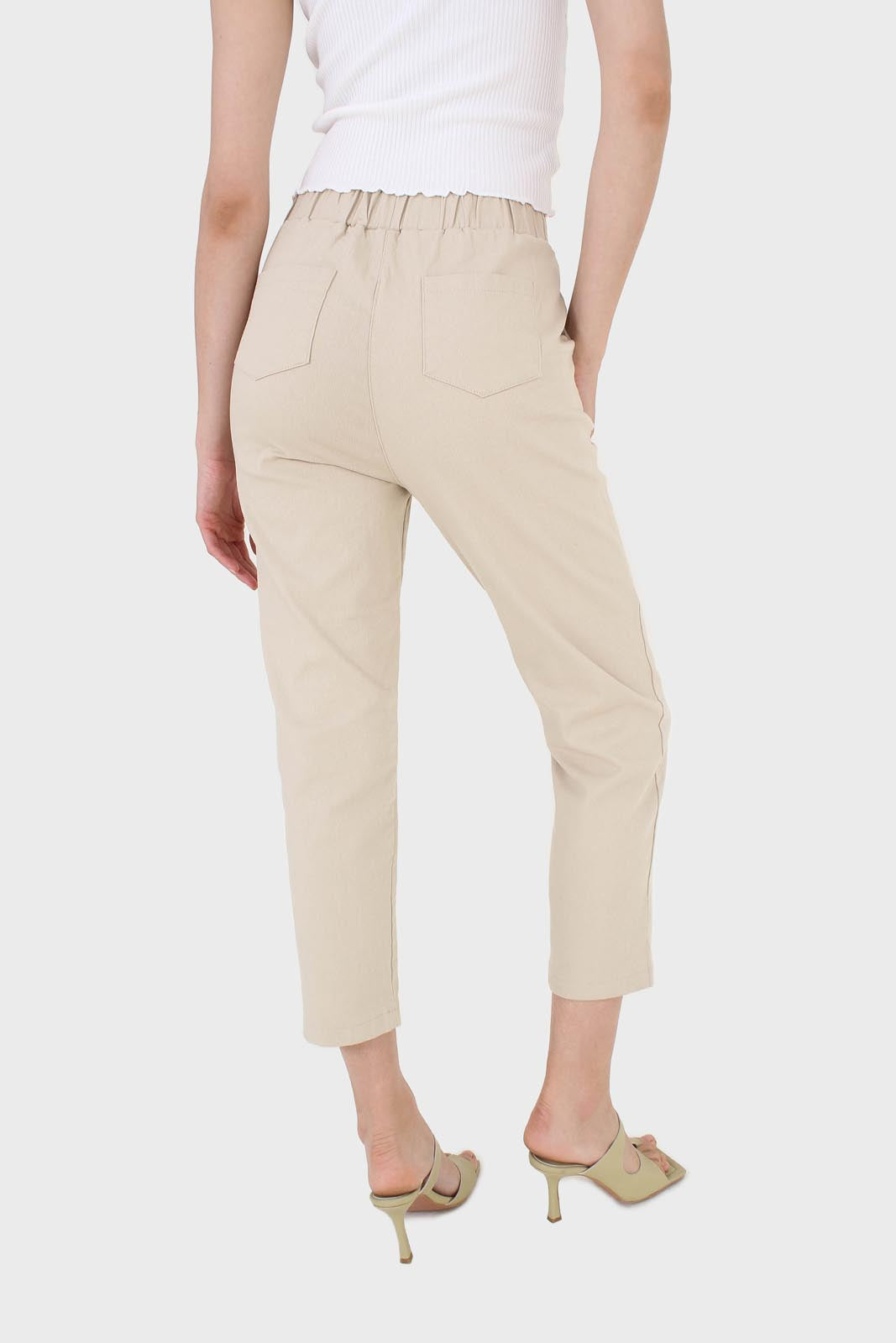 Beige thick dart front loose fit drawstring trousers_3