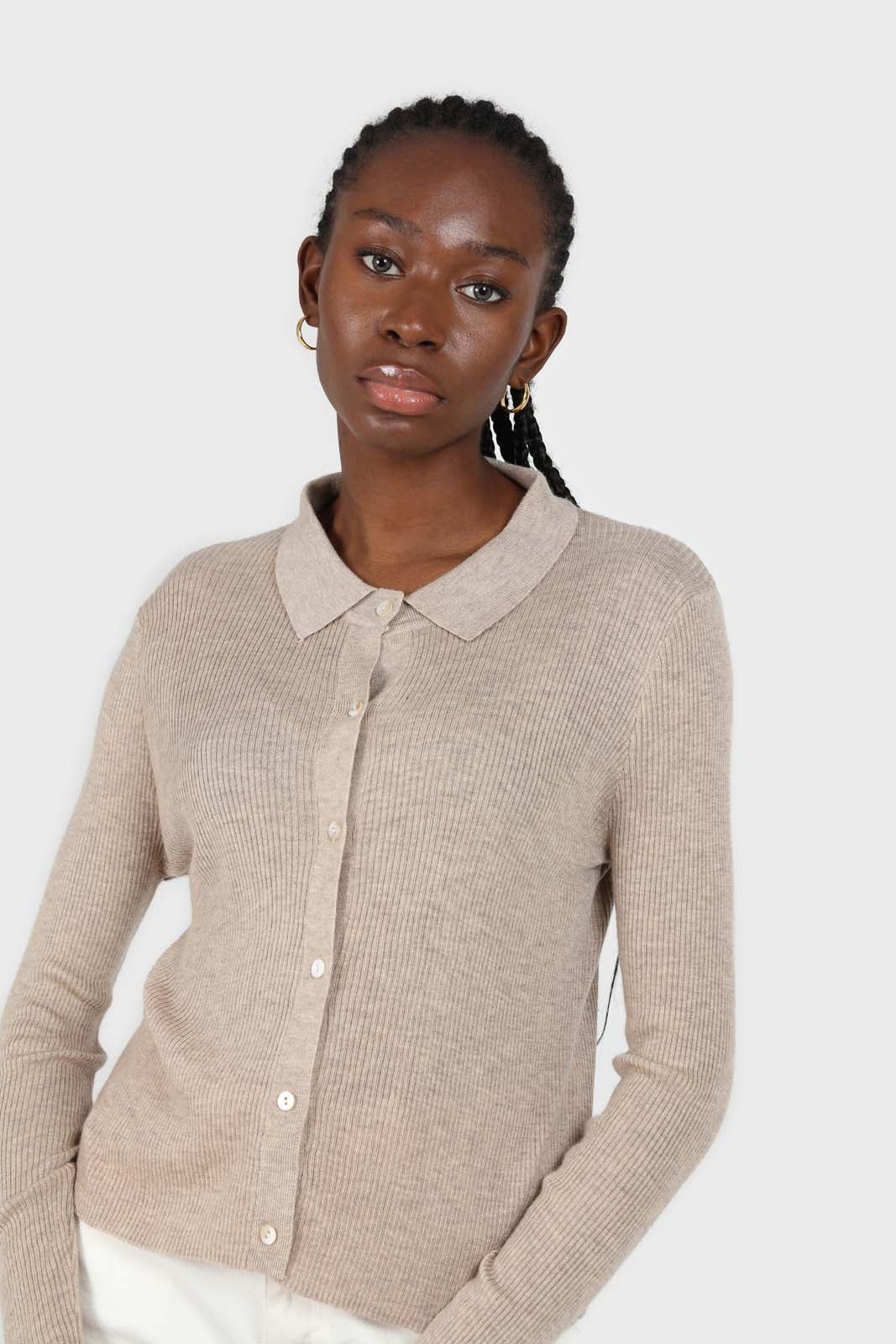 Beige button up collar knit top_1