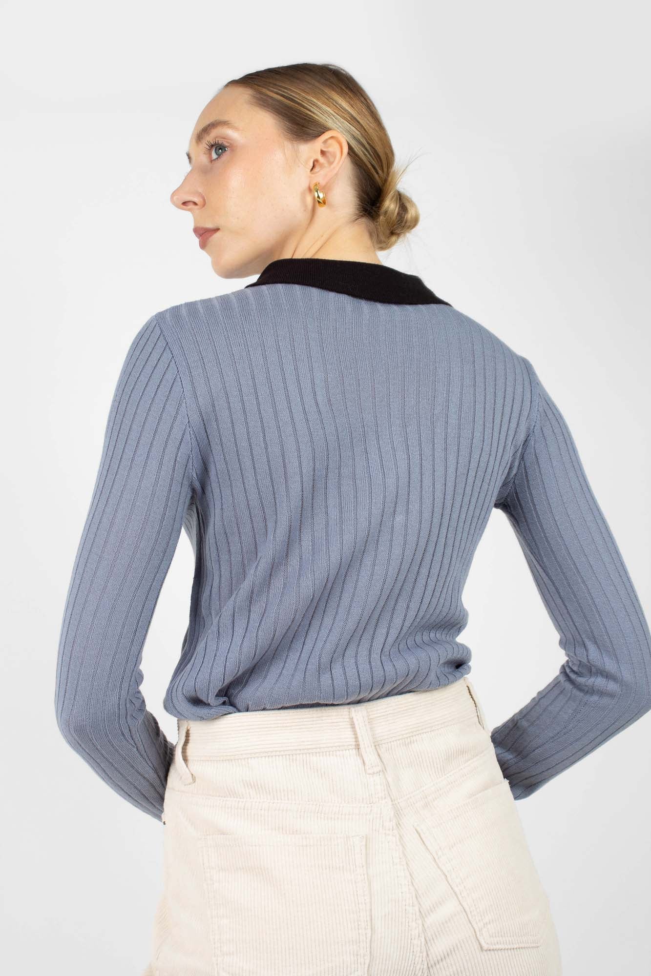 Blue contrast black collar knit top_4