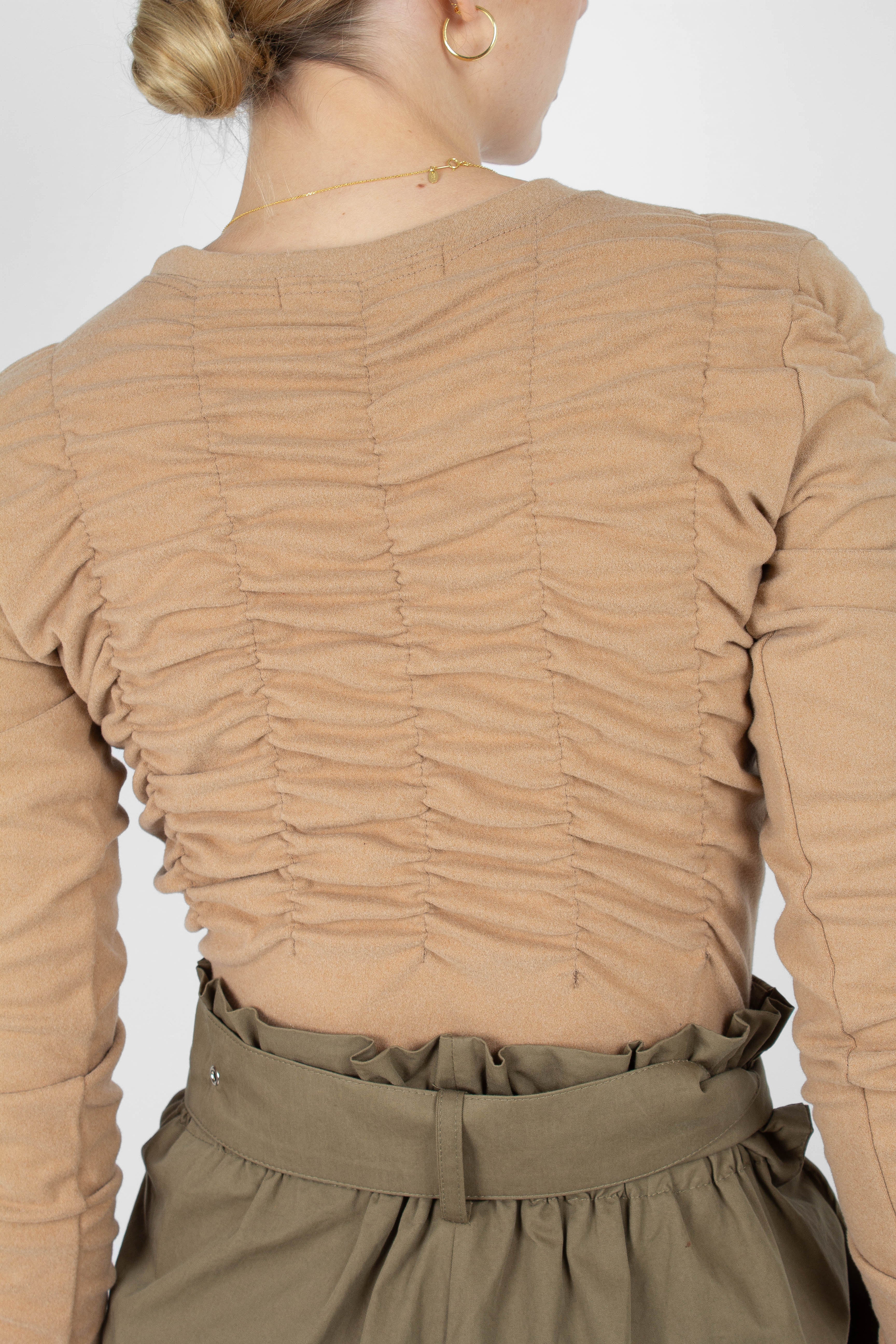 Beige half shirring long sleeved top_3