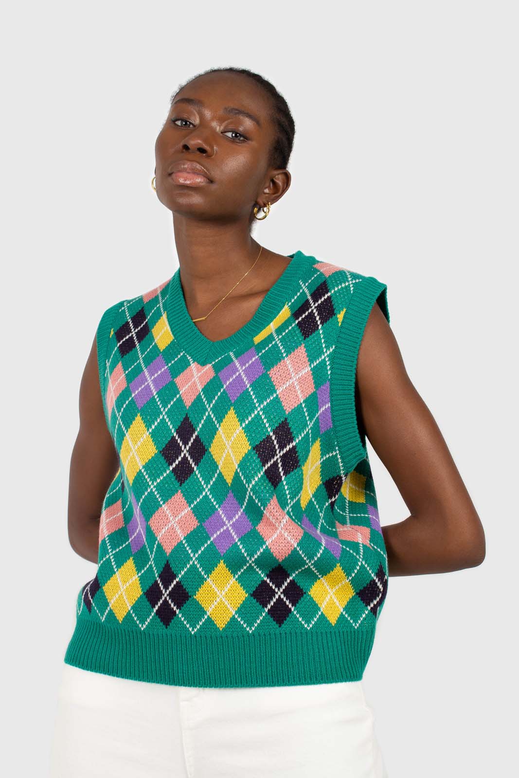 Green multi colored argyle sweater vest_1