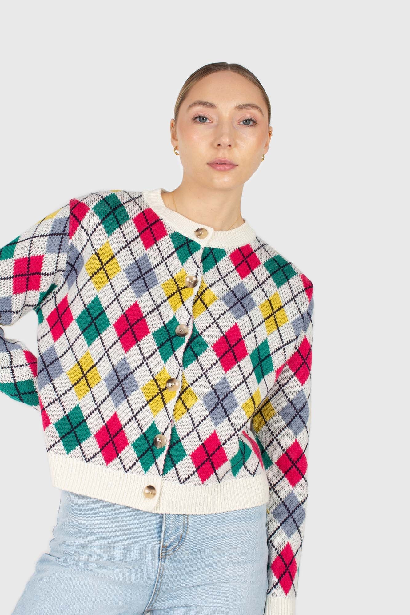 Ivory multi colored argyle cardigan_4