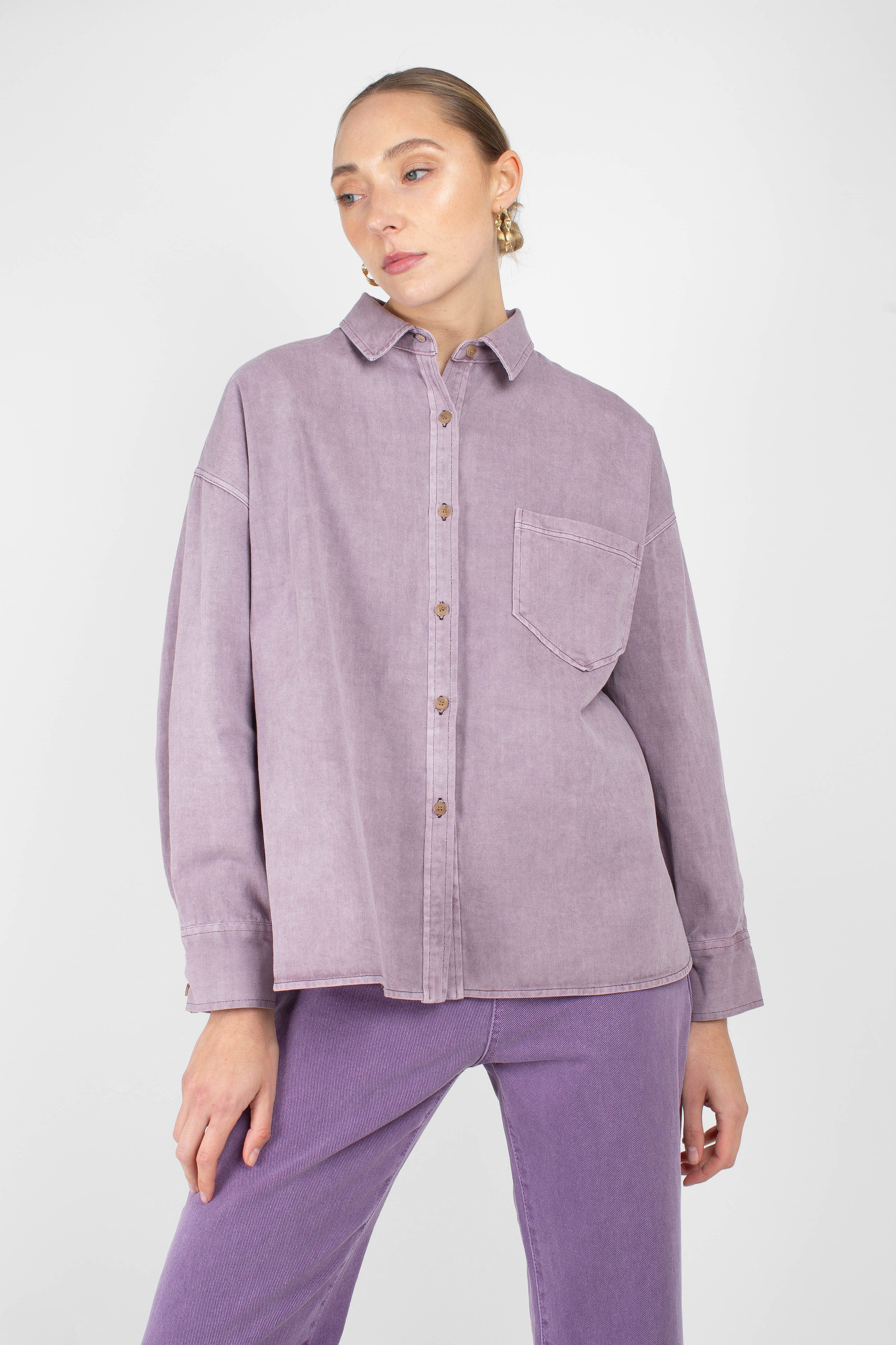 Lilac patch pocket oversized washed cotton shirt_4