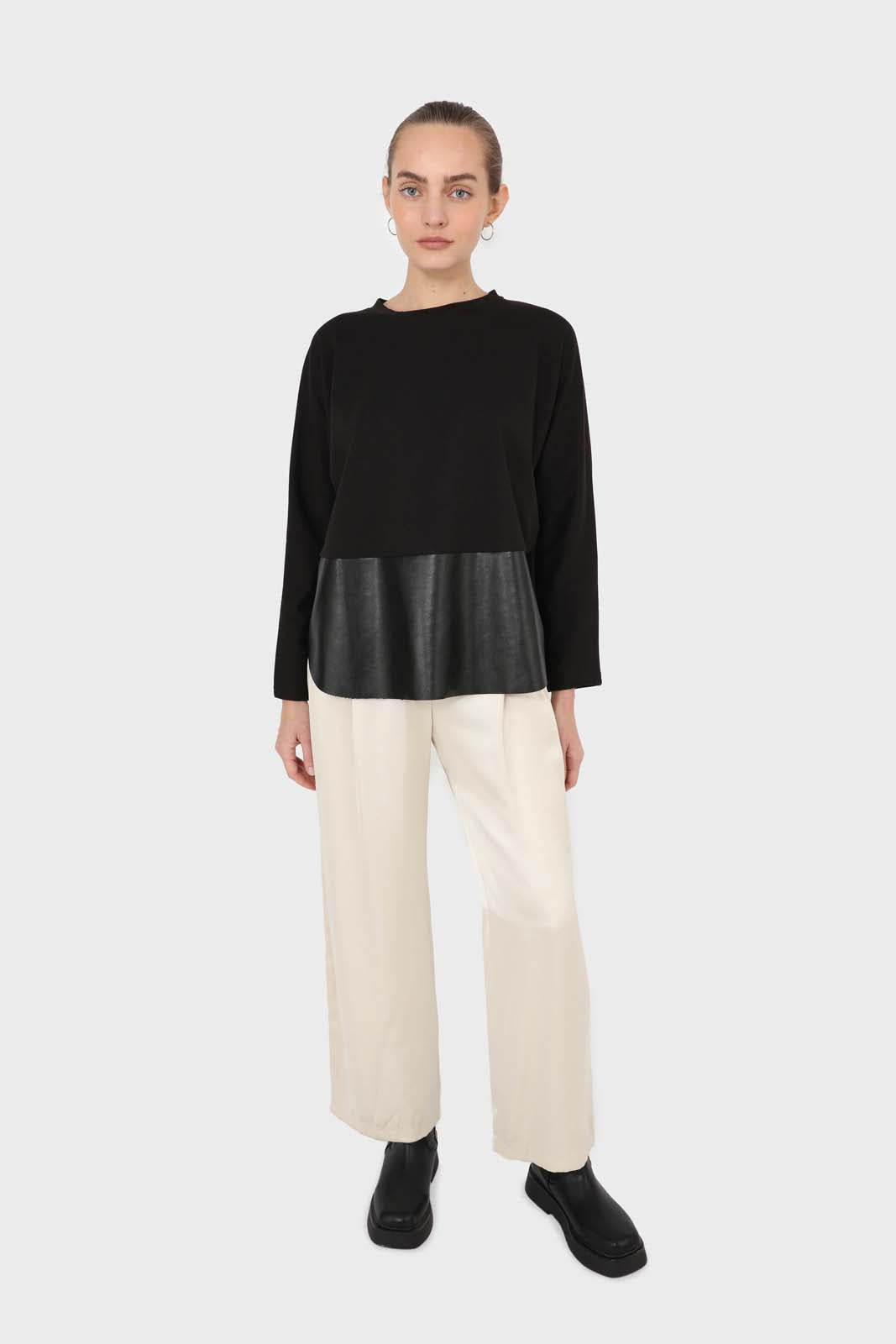 Black vegan leather contrast hem top_2