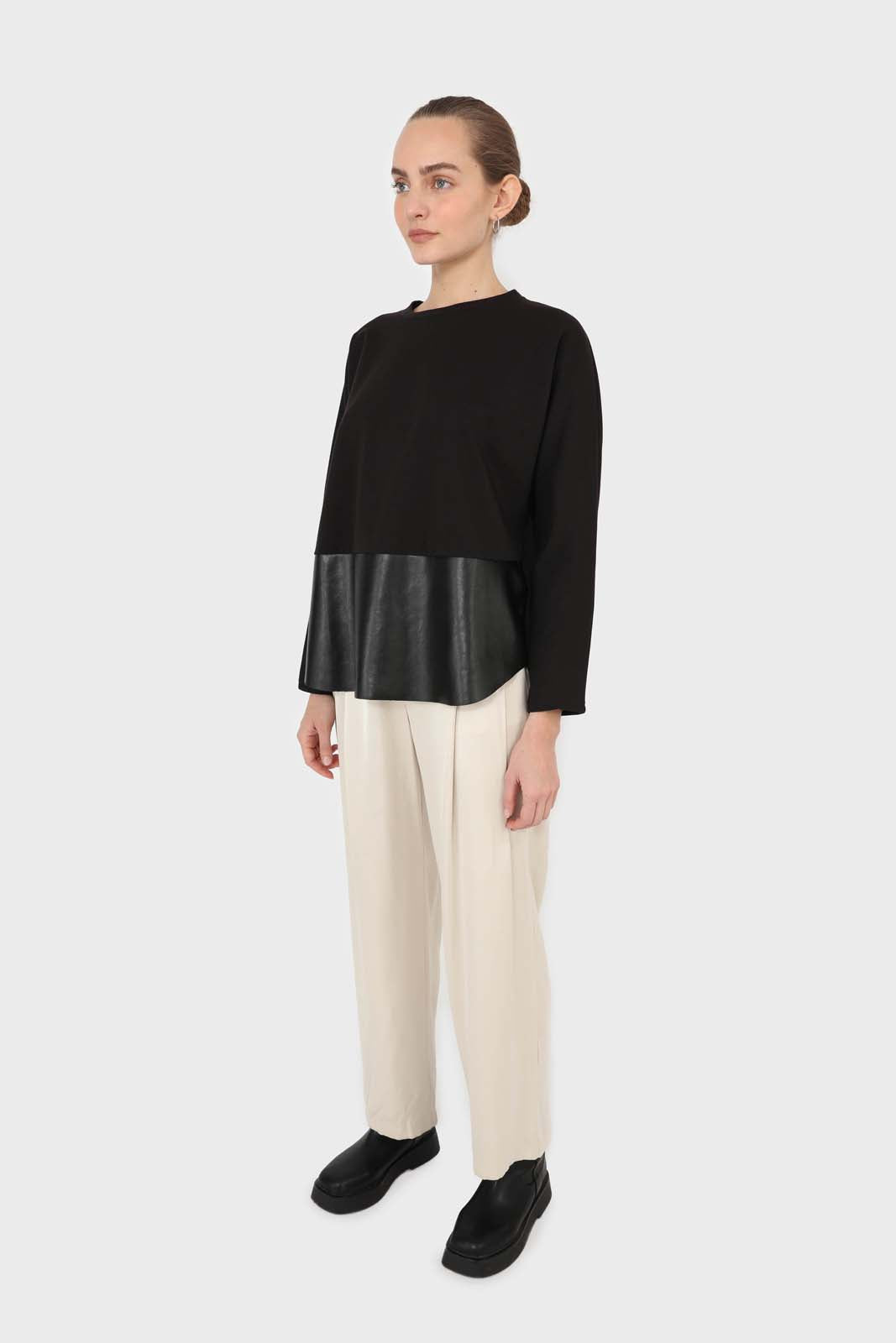 Black vegan leather contrast hem top_3