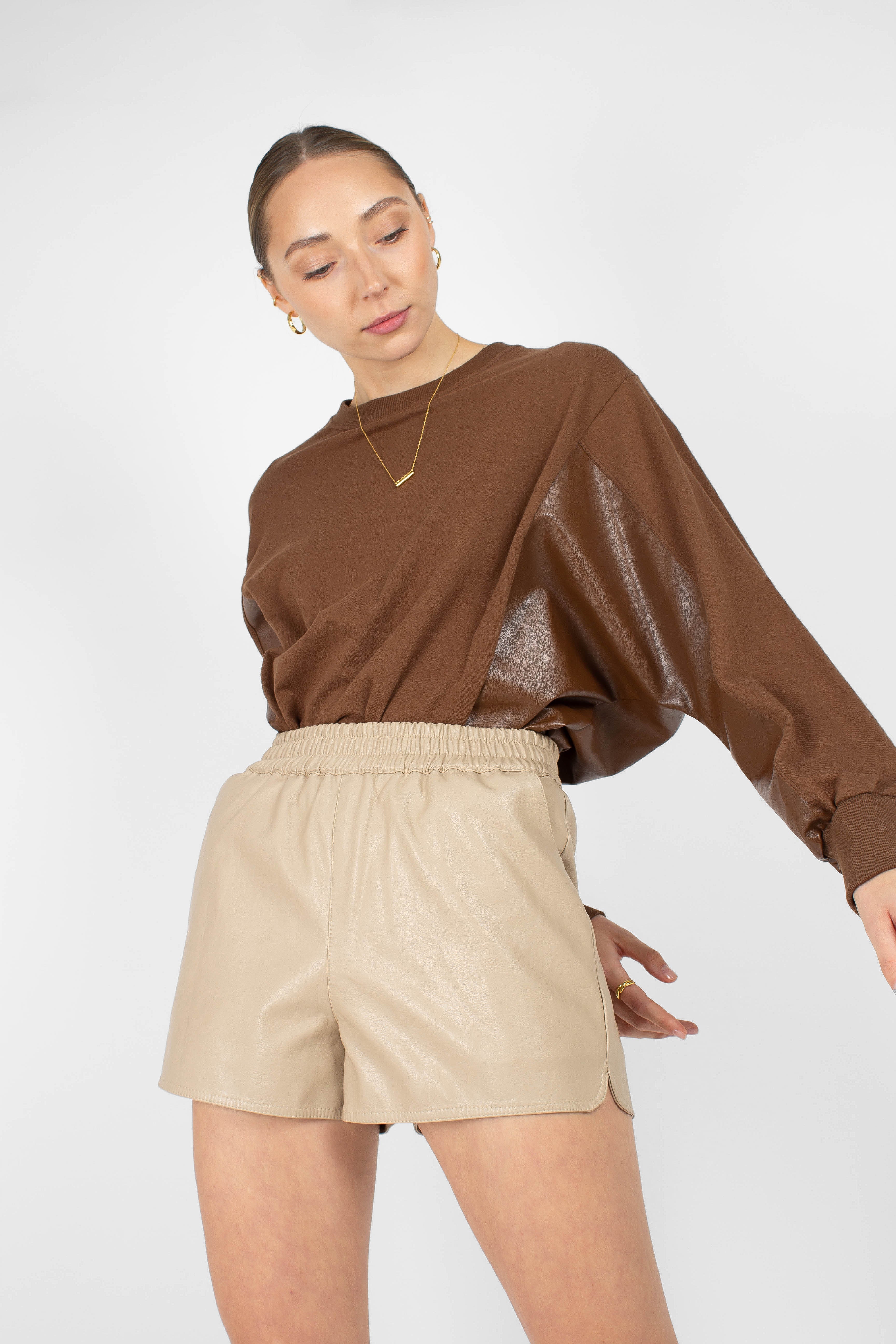 Brown vegan leather contrast panel sweatshirt_1