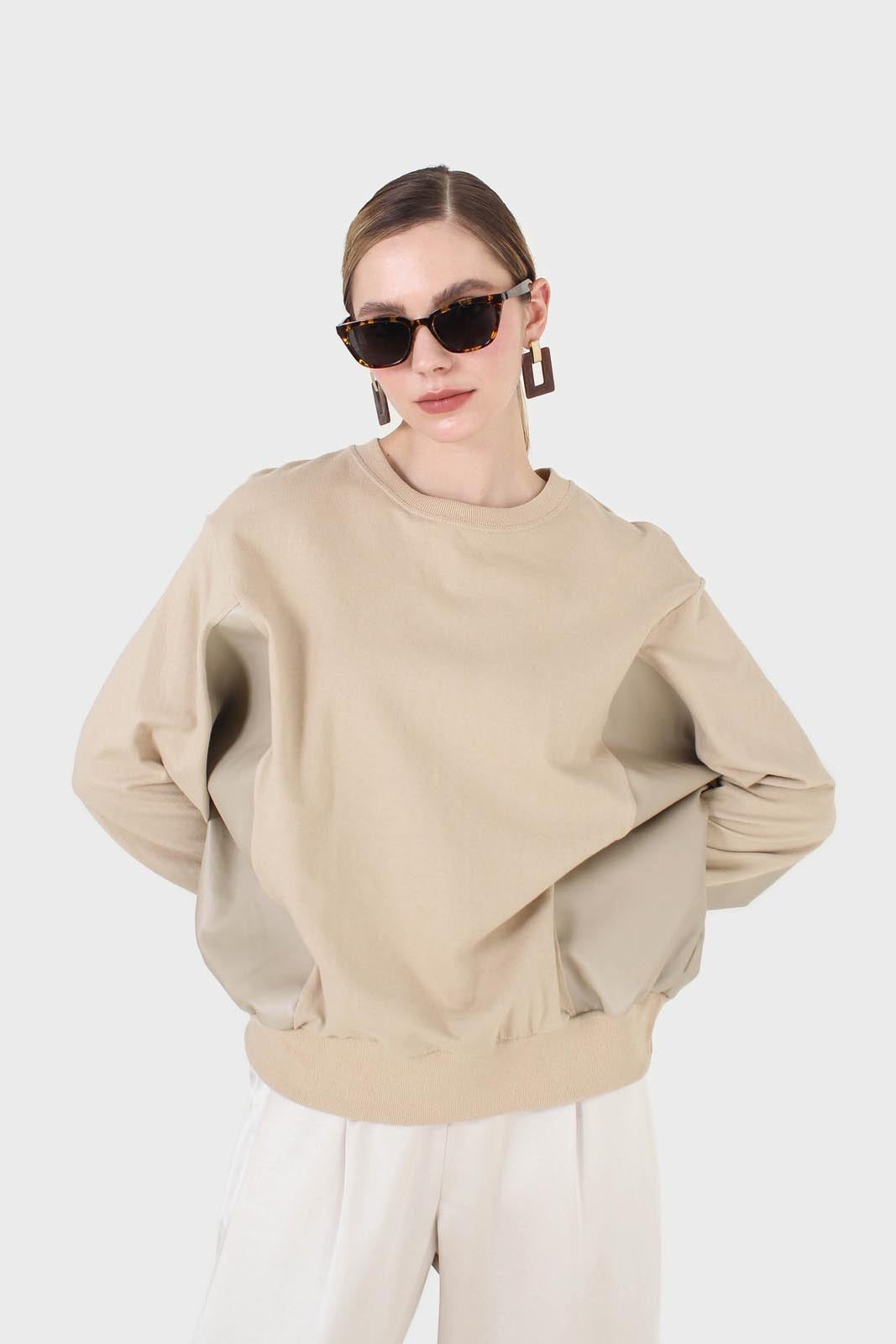 Beige vegan leather contrast panel sweatshirt_1