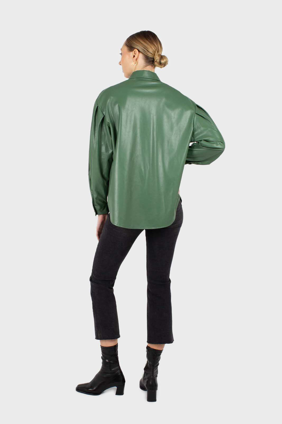 Green gold button vegan leather shirt_5