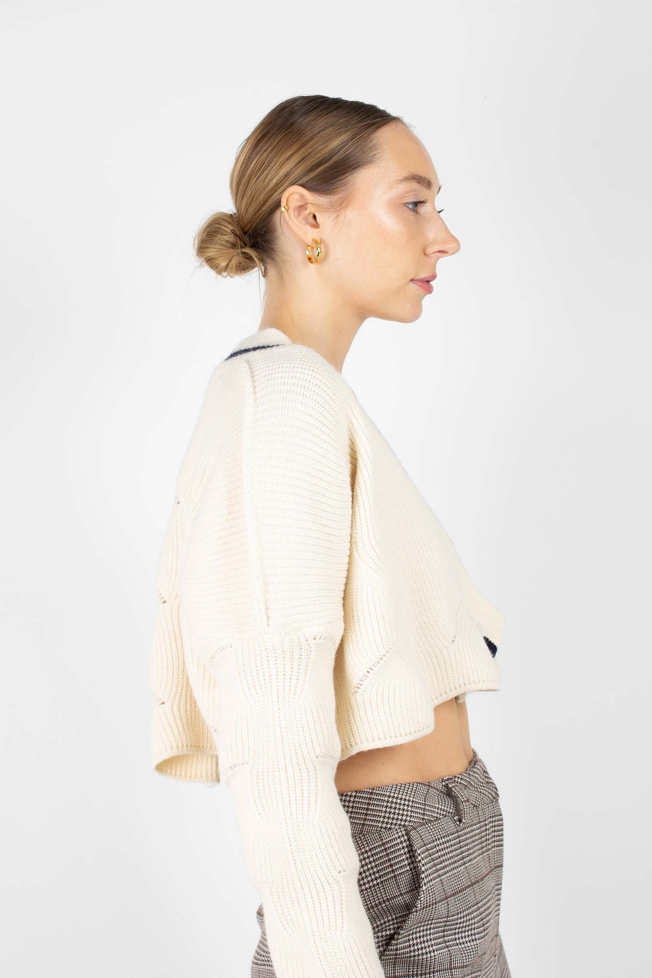 Ivory and black deep V cross front knit top_2