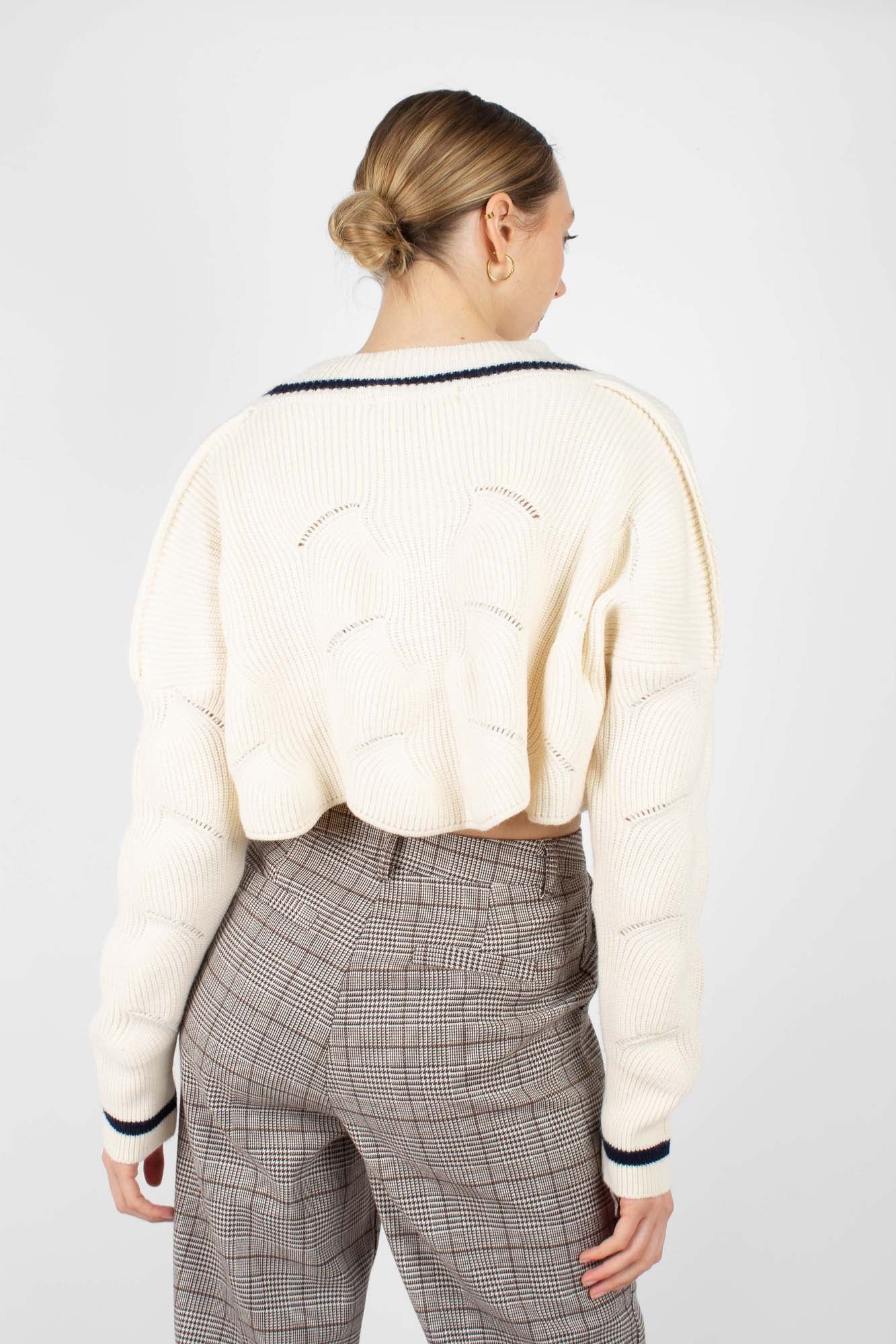 Ivory and black deep V cross front knit top_4