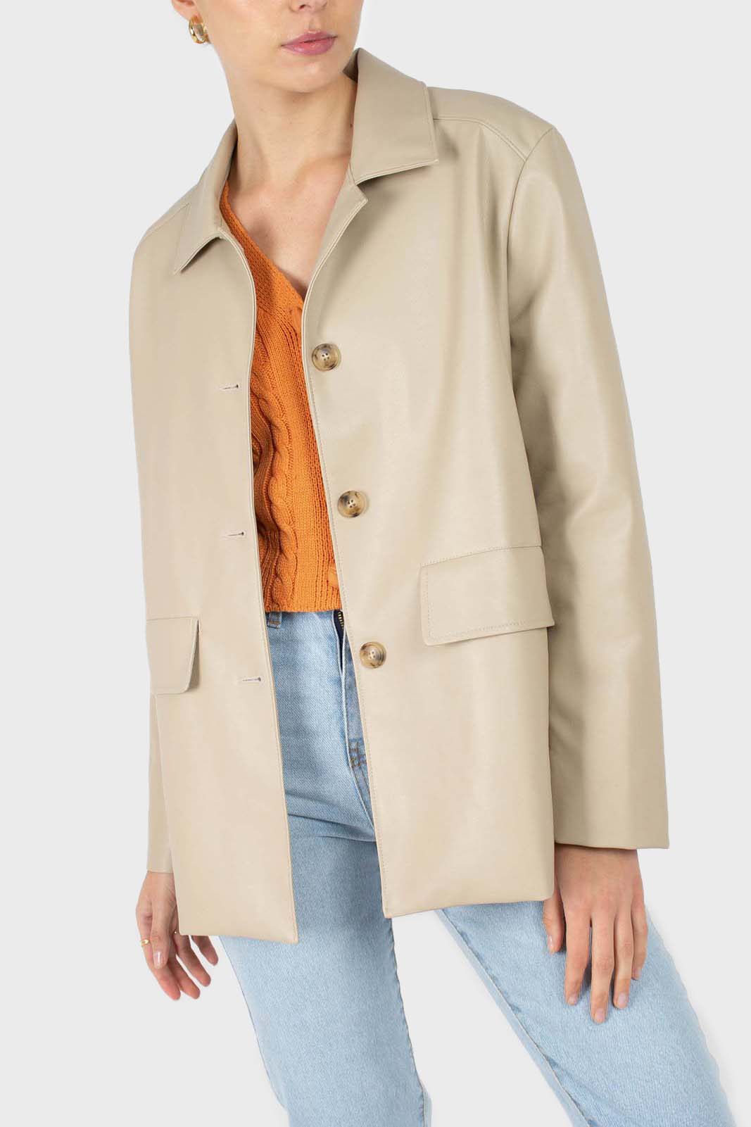 Light beige vegan leather belted jacket_2