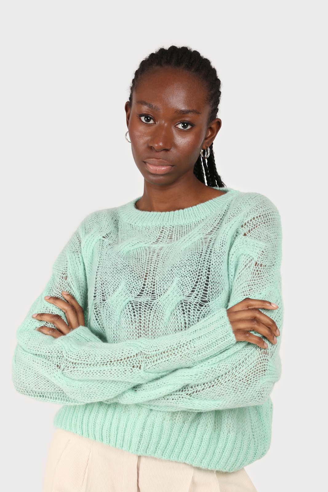 Mint loose cable knit crew neck jumper_1