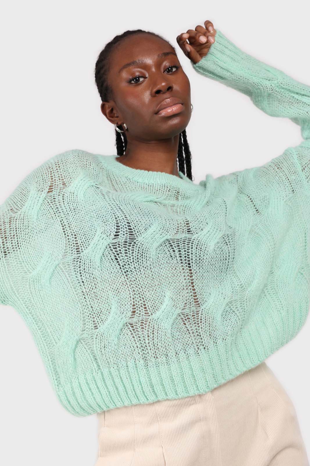 Mint loose cable knit crew neck jumper_2