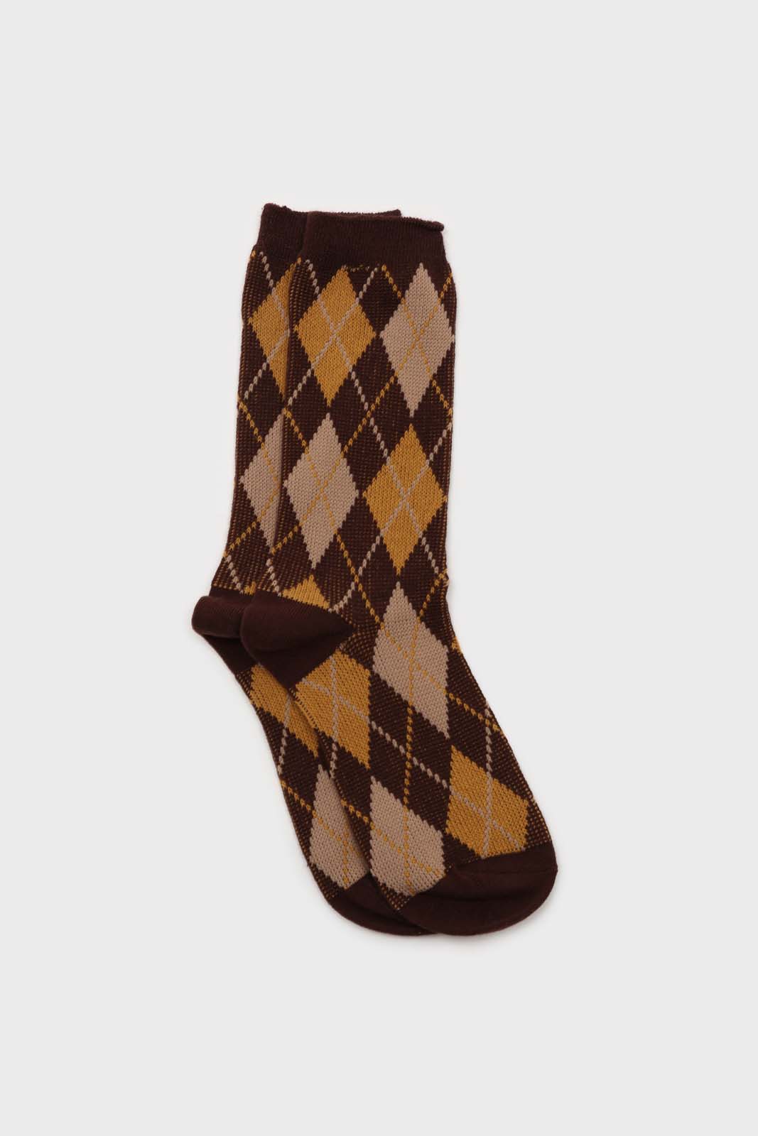 Brown yellow and beige argyle socks_1