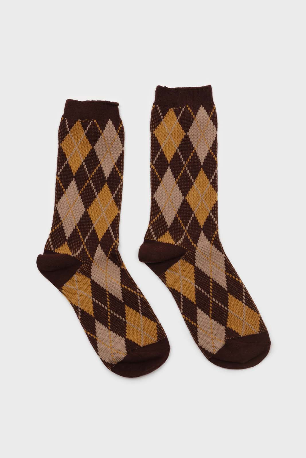 Brown yellow and beige argyle socks_3