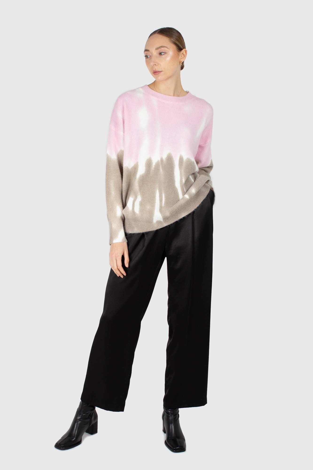 Pink and grey tie dye colorblock jumper_2