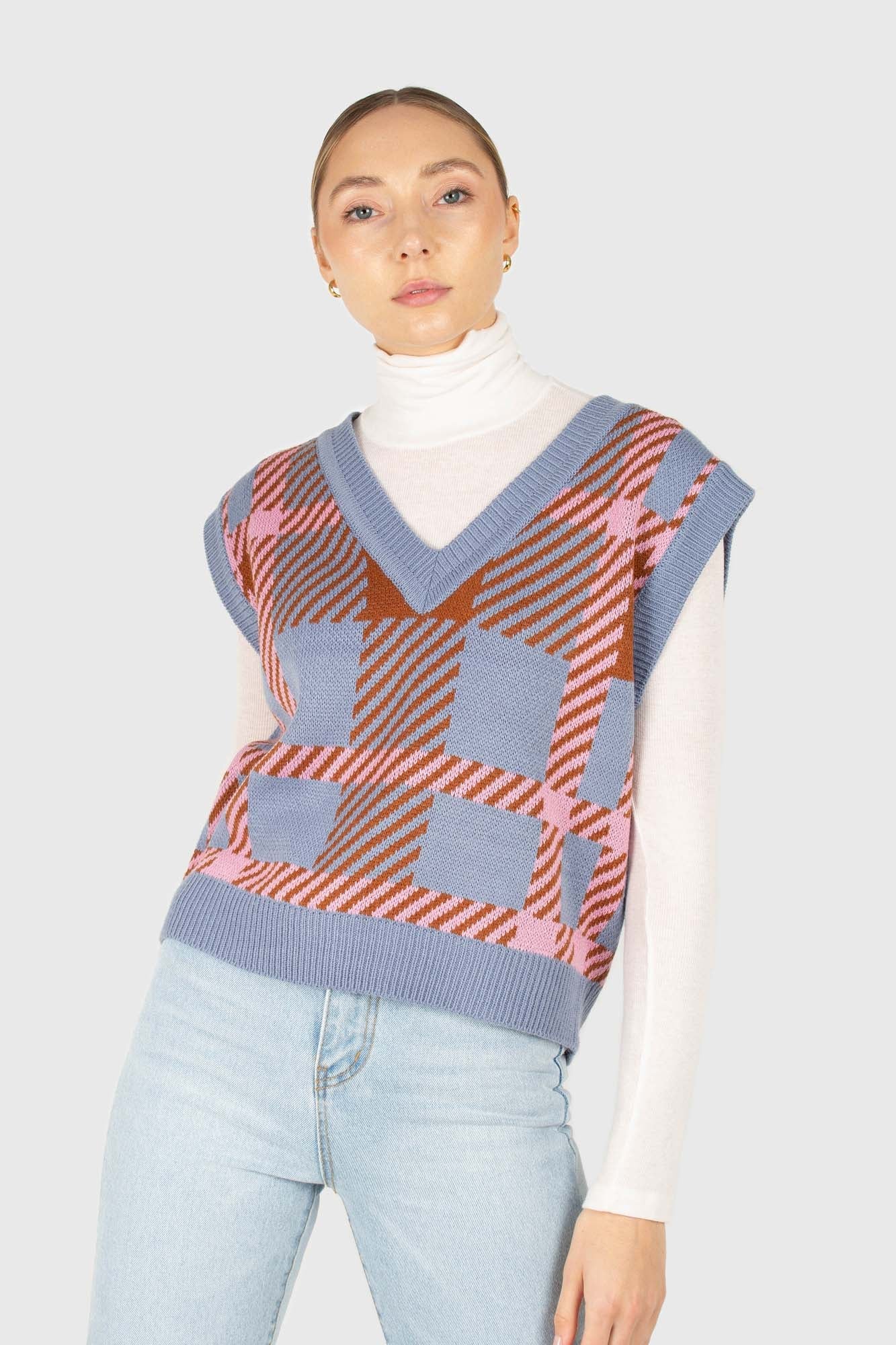 Light blue and camel plaid knit vest_1