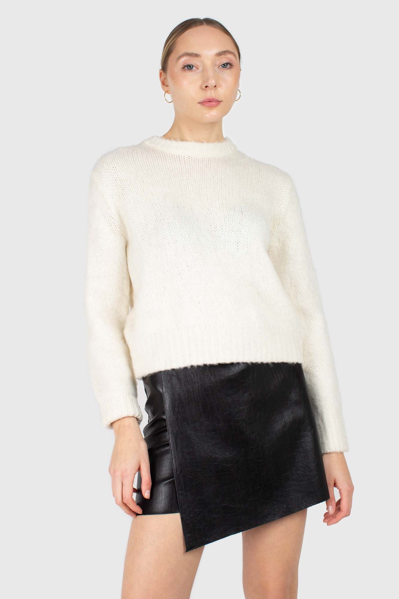 Black vegan leather cross front mini skirt_1