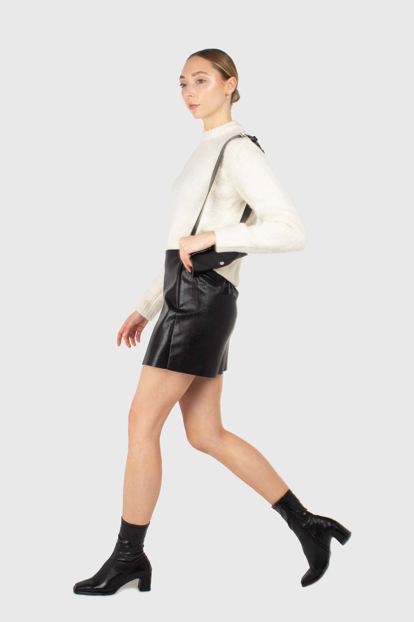 Black vegan leather cross front mini skirt_3