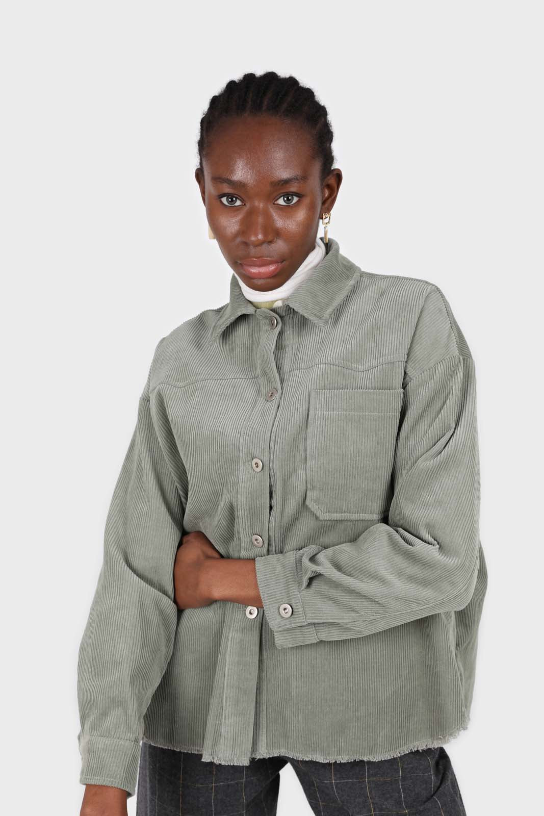 Khaki corduroy patch pocket oversized shirt jacket_1