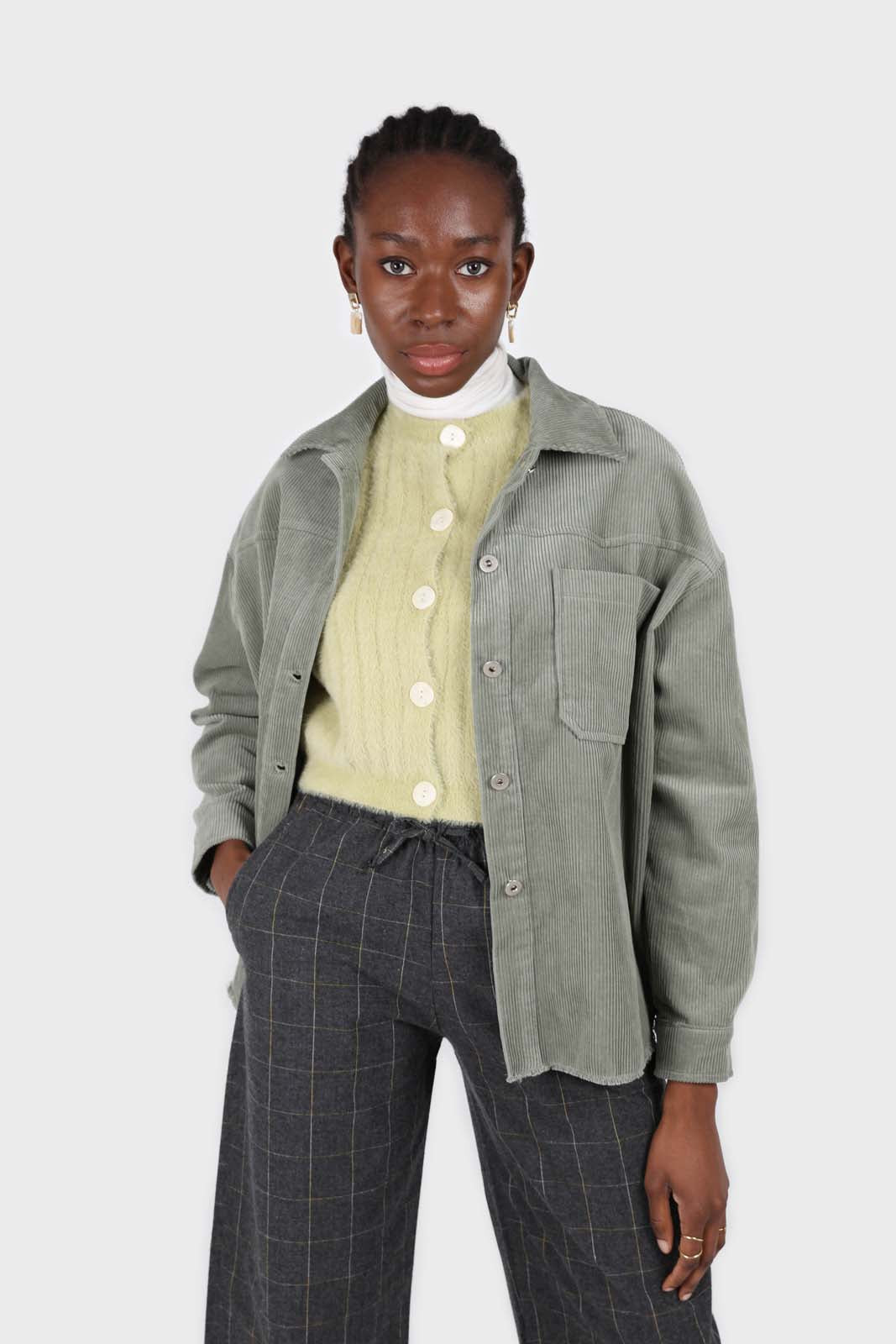 Khaki corduroy patch pocket oversized shirt jacket_7