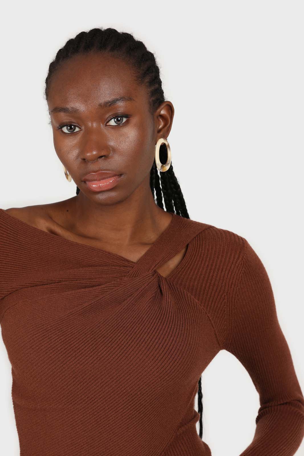 Brown cross shoulder knit top_2
