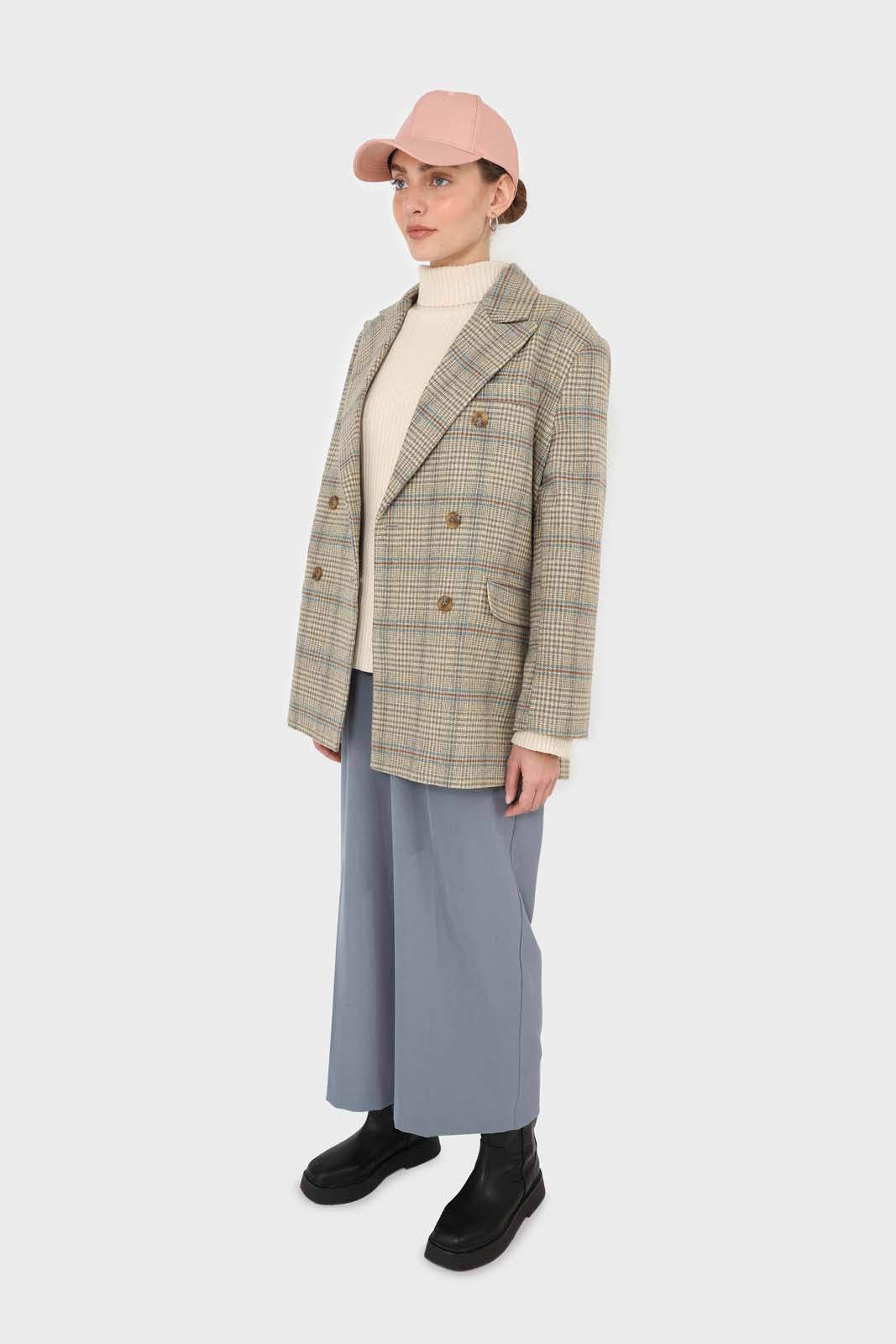 Beige and khaki checked oversized wool blazer_2