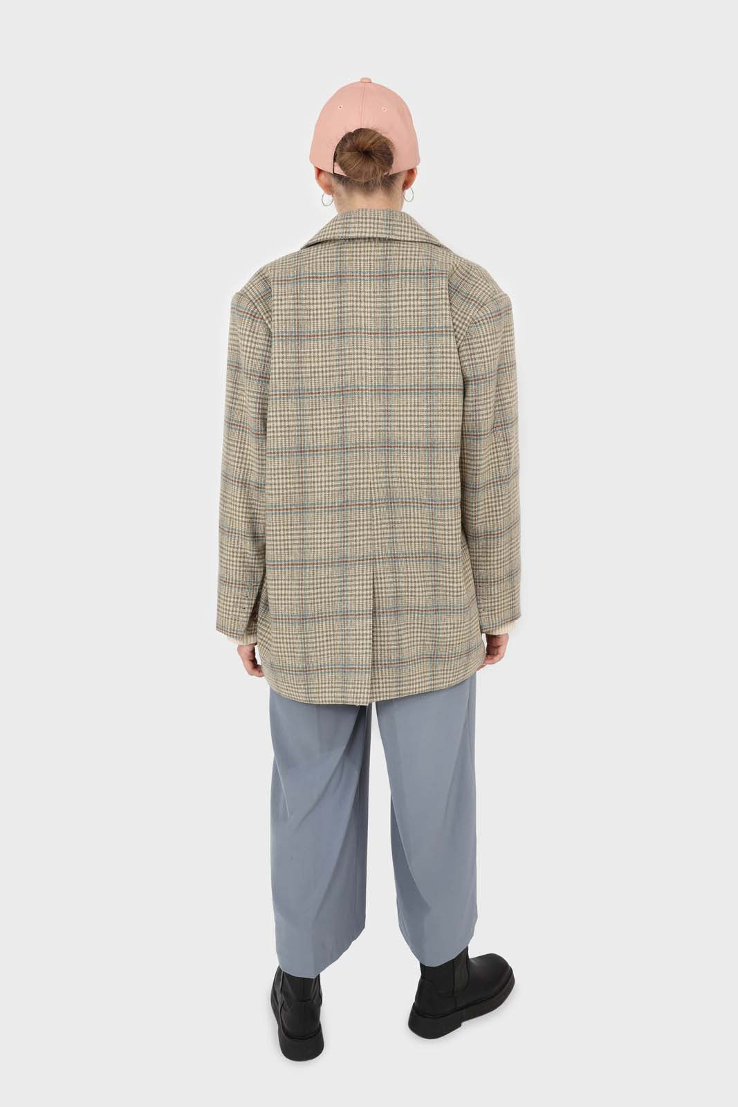 Beige and khaki checked oversized wool blazer_3